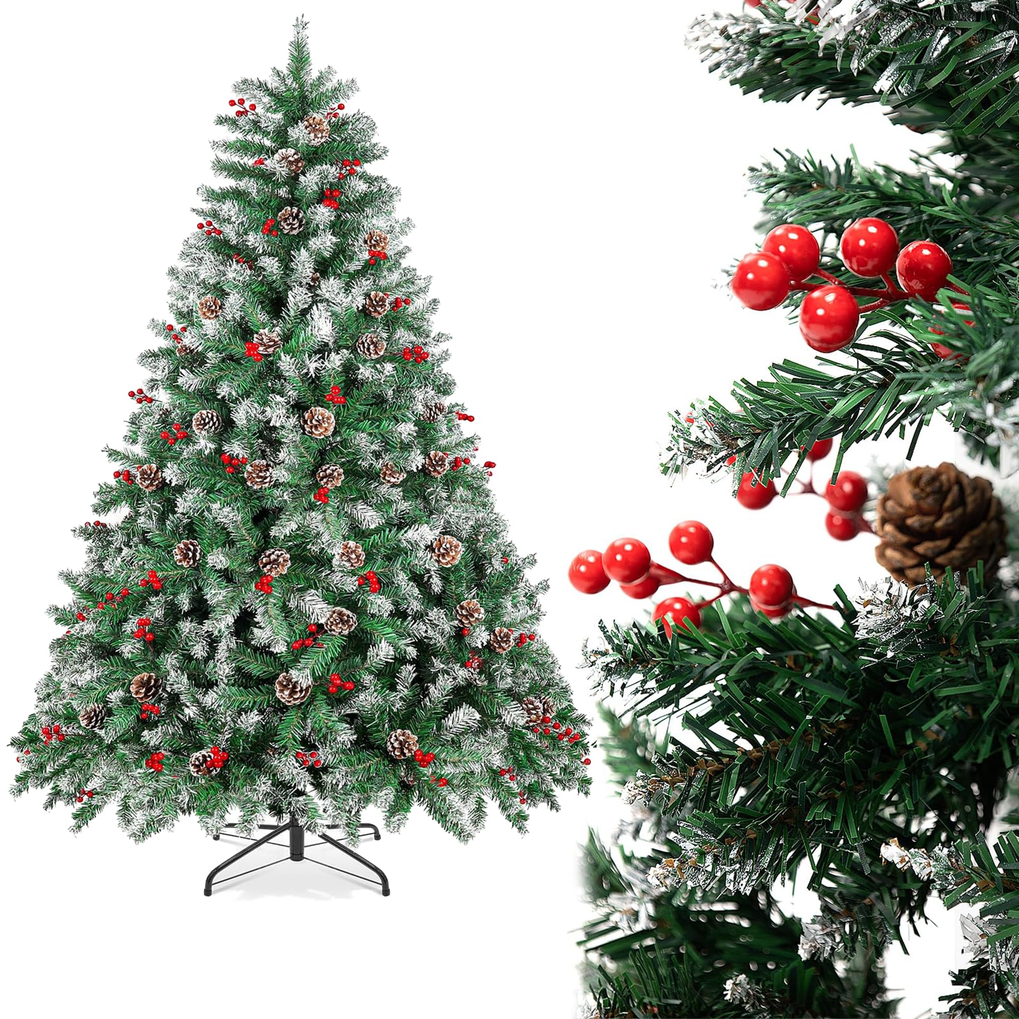 Arbol de Navidad Plegable con Decoracion Piña Frutos Rojos y Nieve, Arbol Navidad Artificial Fibra Natural Verde Robusto con Soporte de Pie Metal Fácil Montaje para Exterior e Interior (180cm 720Tips)