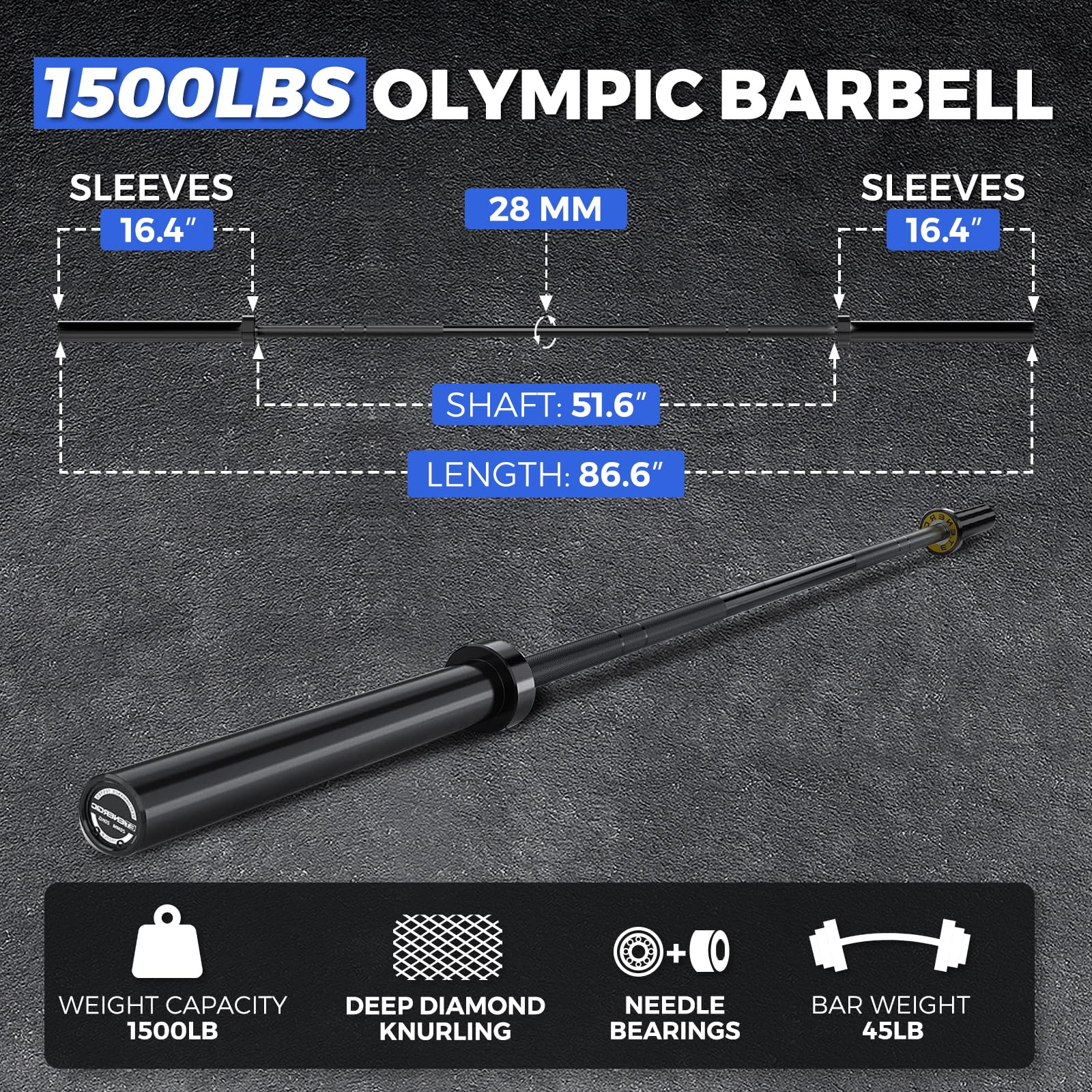 Barra per bilanciere olimpico da 20 kg, colore nero, capacità 680 kg, per sollevamento pesi, powerlifting, esercizi in palestra a casa, con maniche rigide cromate per piatti olimpici da 5,1 cm