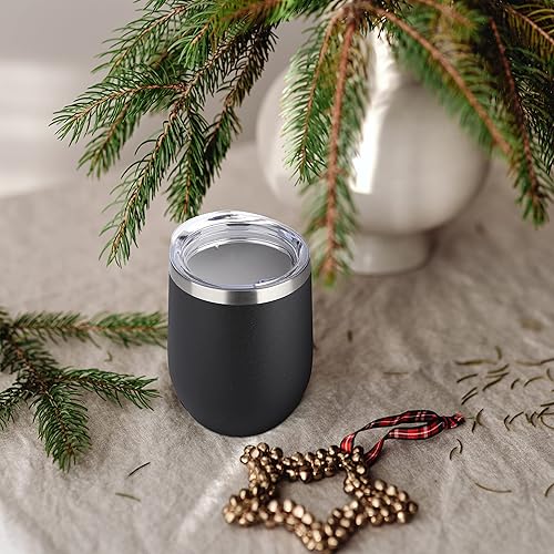 Miniatura 5 de DOMICARE - Juego de 16 vasos de vino de 12onzas con tapa, hechos de acero inoxidable con aislamiento al vacío de doble pared, color negro