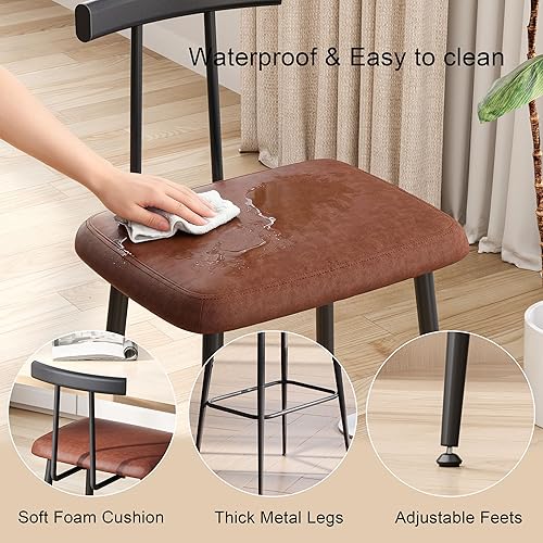 Miniatura 5 de Juego de 2 taburetes de bar altos con respaldo y reposapiés, sillas de bar de altura de mostrador, taburetes de bar industriales con cojín de piel