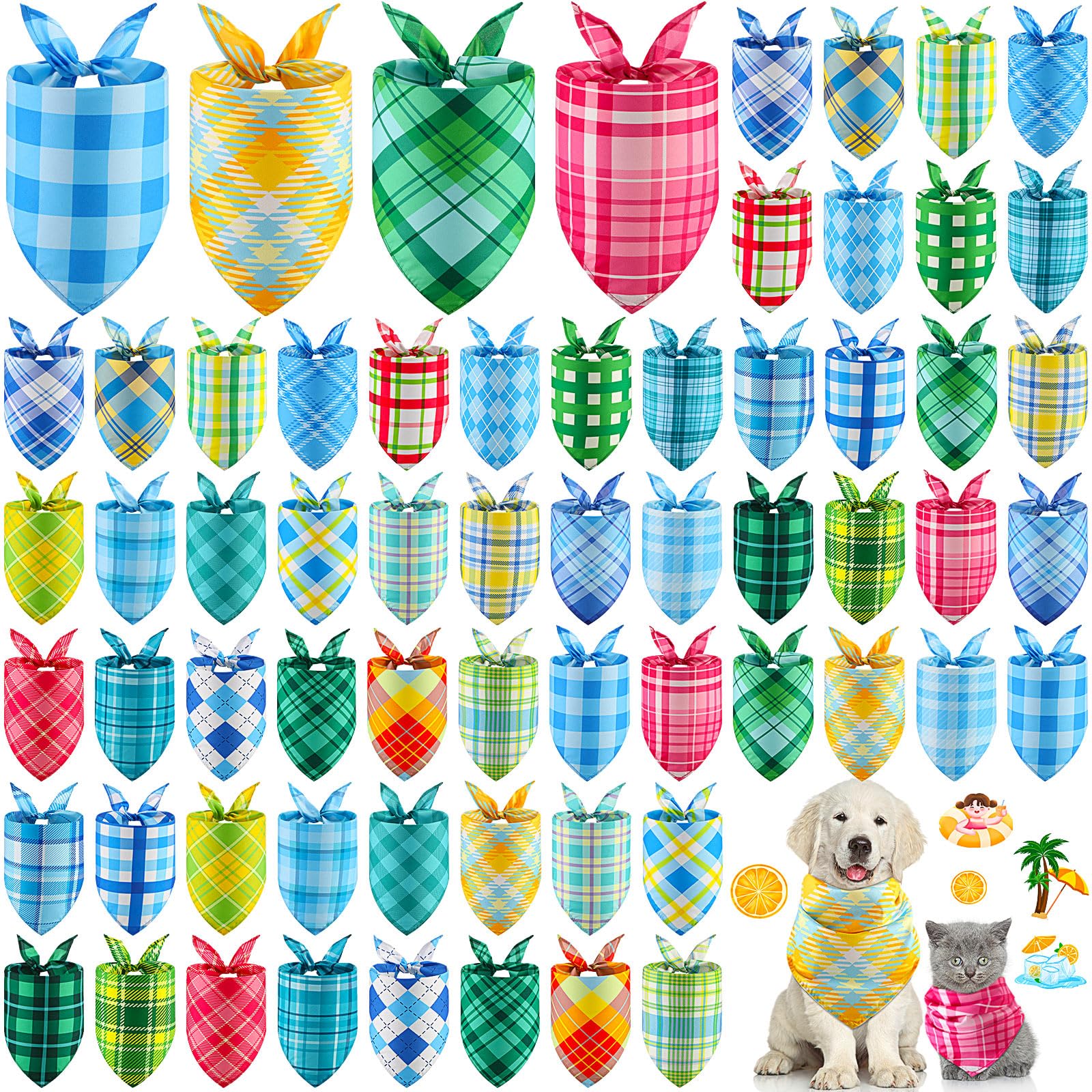 Geyoga 60 Pcs Summer Plaid Dog Bandanas Bulk Hawaiian Pet Scarf Bibs Adjustable Washable Kerchief Seasonal Pet Grooming