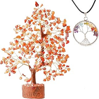 YUVDIPR Carnelian Bonsai Tree of Life Pendant Chakra Healing Crystal Home Decor Living Room Good Luck Office Gift Spiritual Aura Cleansing Gemstone Money Artificial Tree Reiki Healing Generator