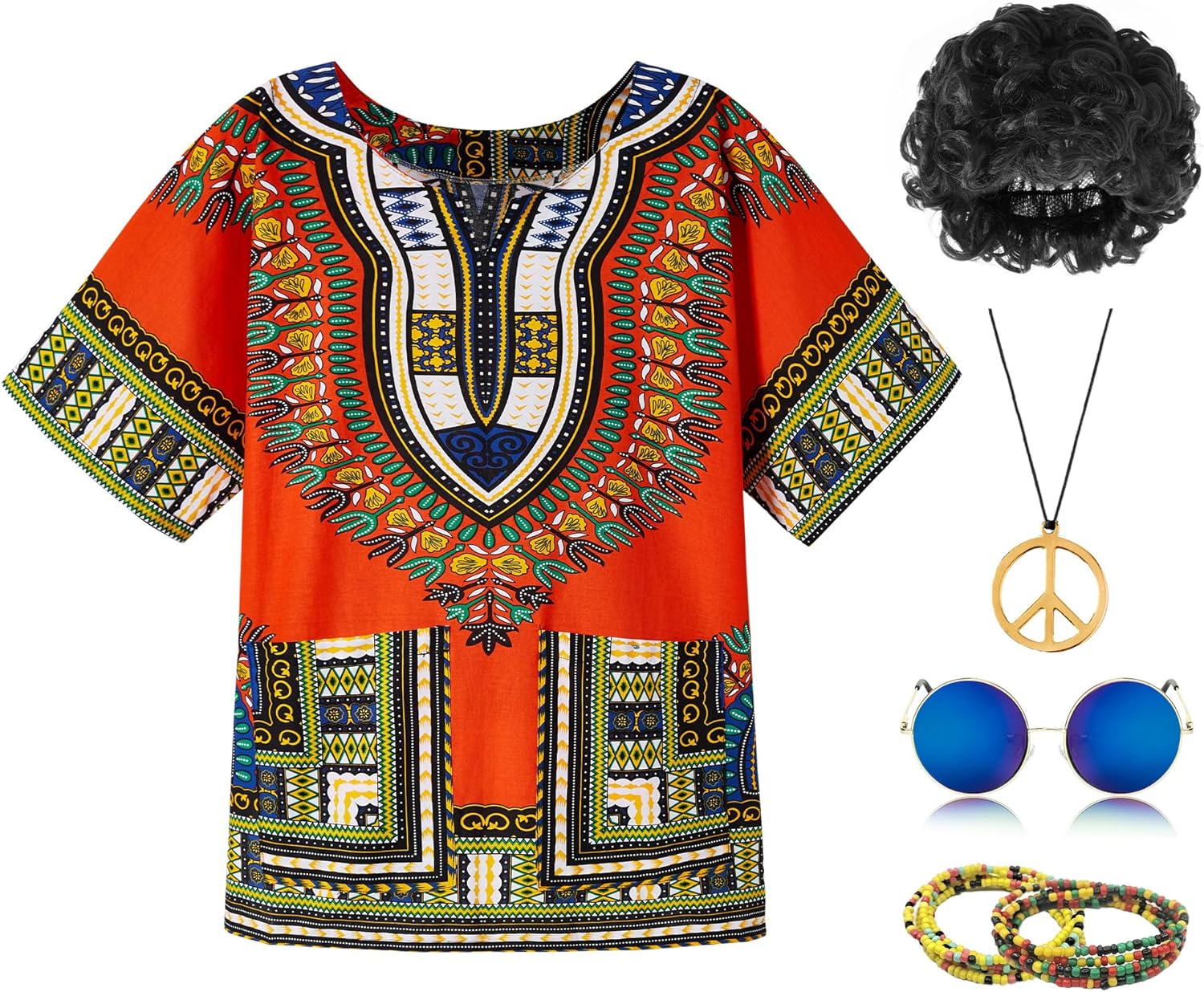 Mainfini Men's Hippie Costume 60s 70s T-Shirt Afro Outfits Accessories Set Peace Sign Necklace