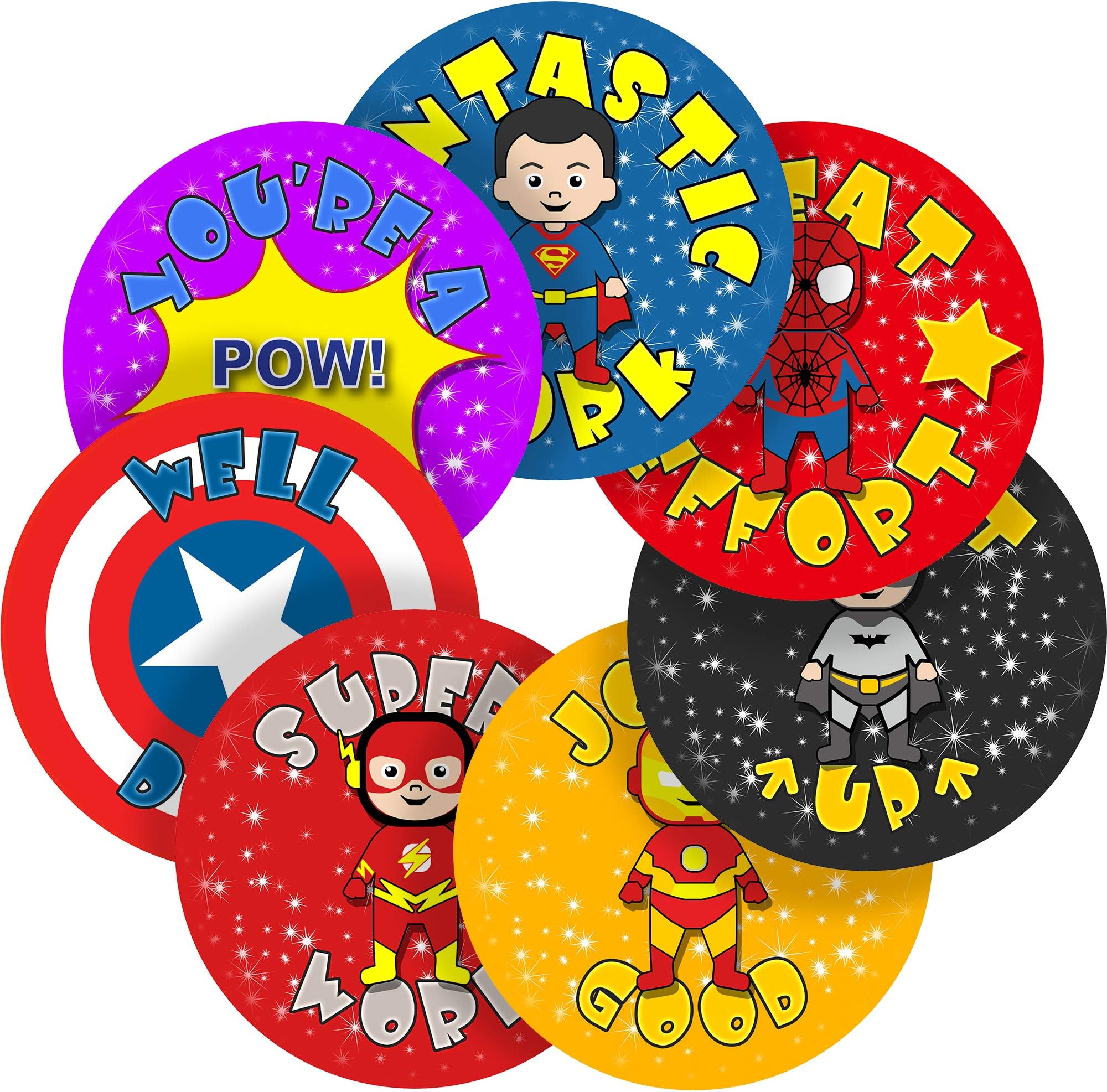 Superhero Comic Reward Sticker Labels, 70 Stickers @ 1" inch, Glossy Photo Quality, Ideal for Children Parents Teachers Schools Doctors Nurses Opticians