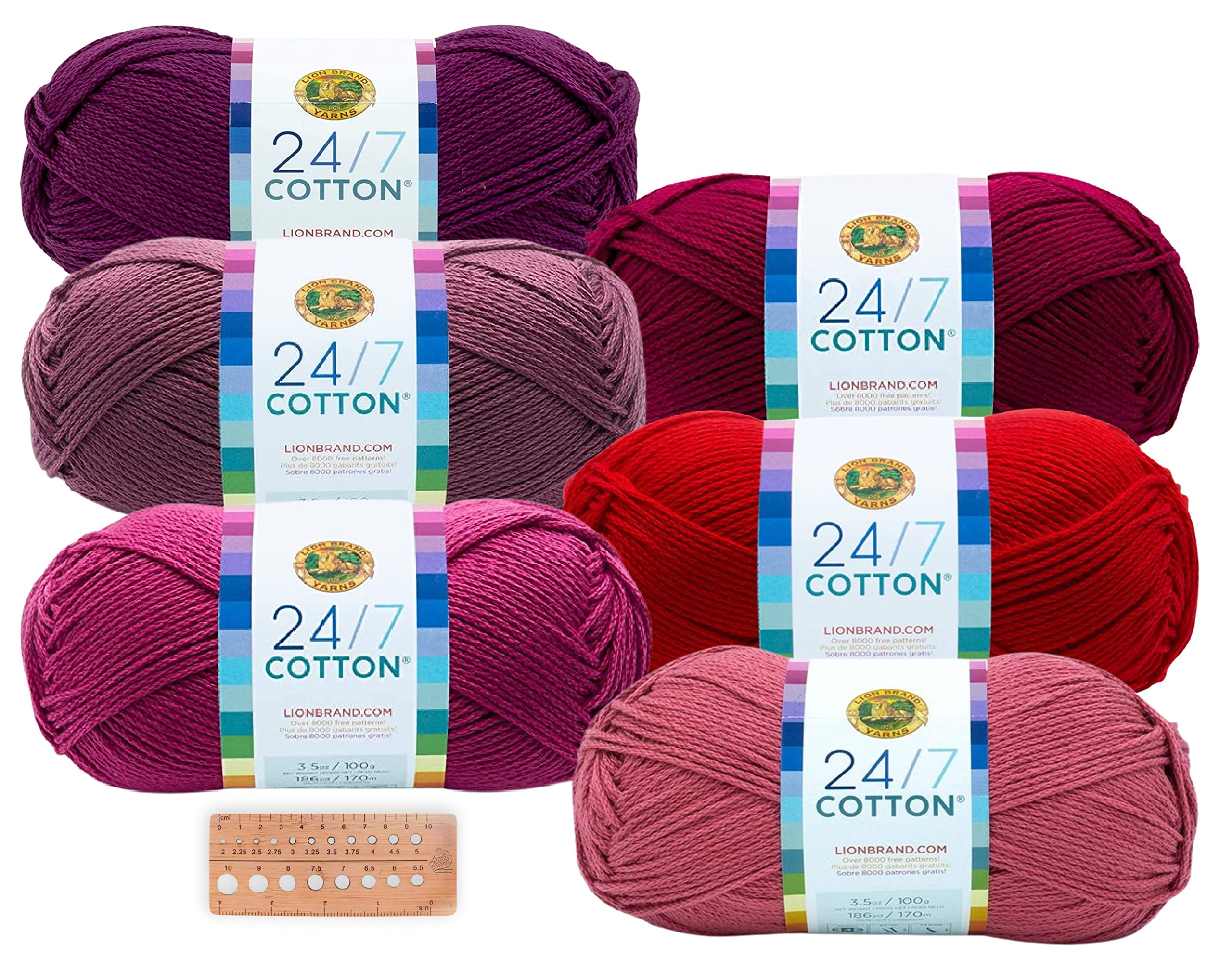 Lion Brand Yarn - 24/7 Cotton - 6 Skein Assortment (Cranberry)
