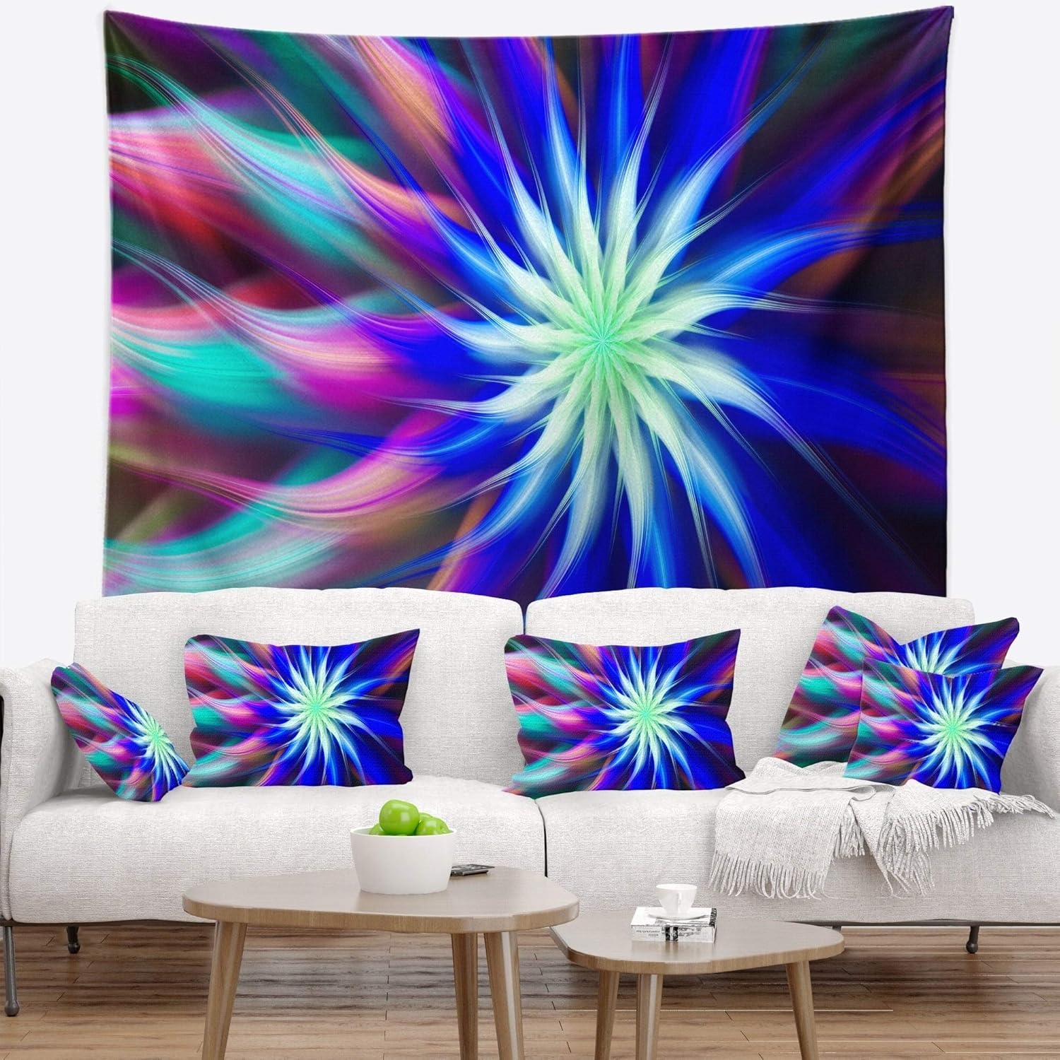 Designart ' Dance of Bright Spiral Blue Flower' Floral Tapestry Blanket Décor Wall Art for Home and Office X-Large: 92 in. x 78 in