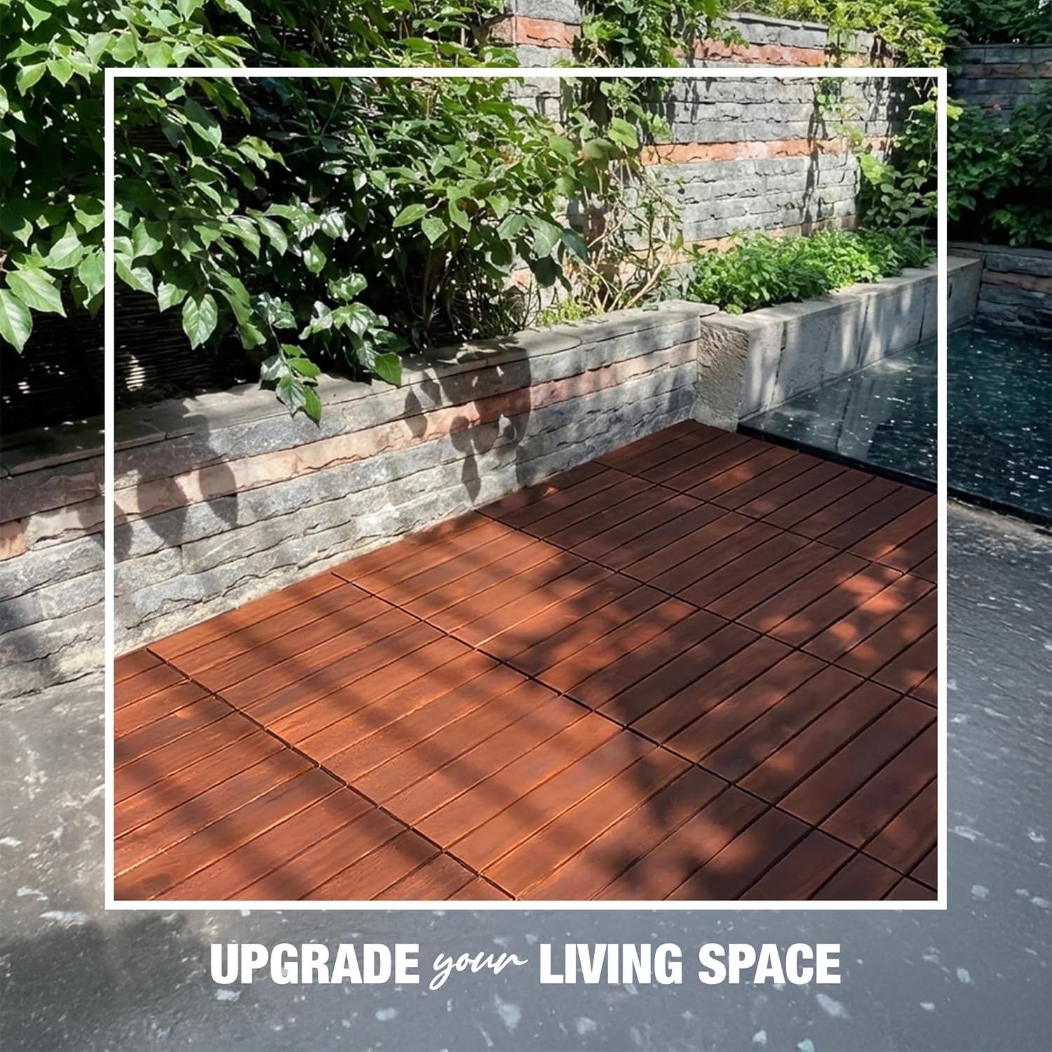 Acacia Wood Interlocking Deck Tiles, 12"x12"x0.9" Outdoor Patio Flooring, Waterproof All-Weather Use, 9 PCS, Dark Brown – Striped Pattern