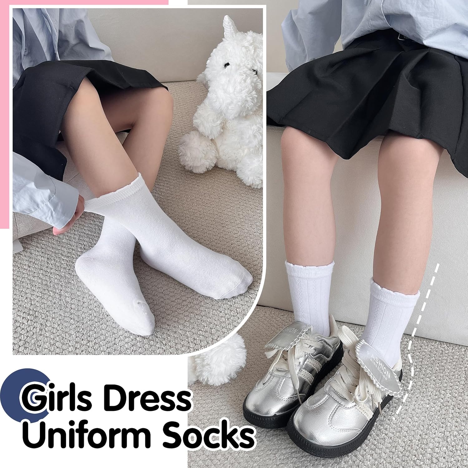EBMORE Girls Kids Ruffle Socks Uniform School Dress Crew Cotton Textured Breathable Socks 6 Pairs - Image 6