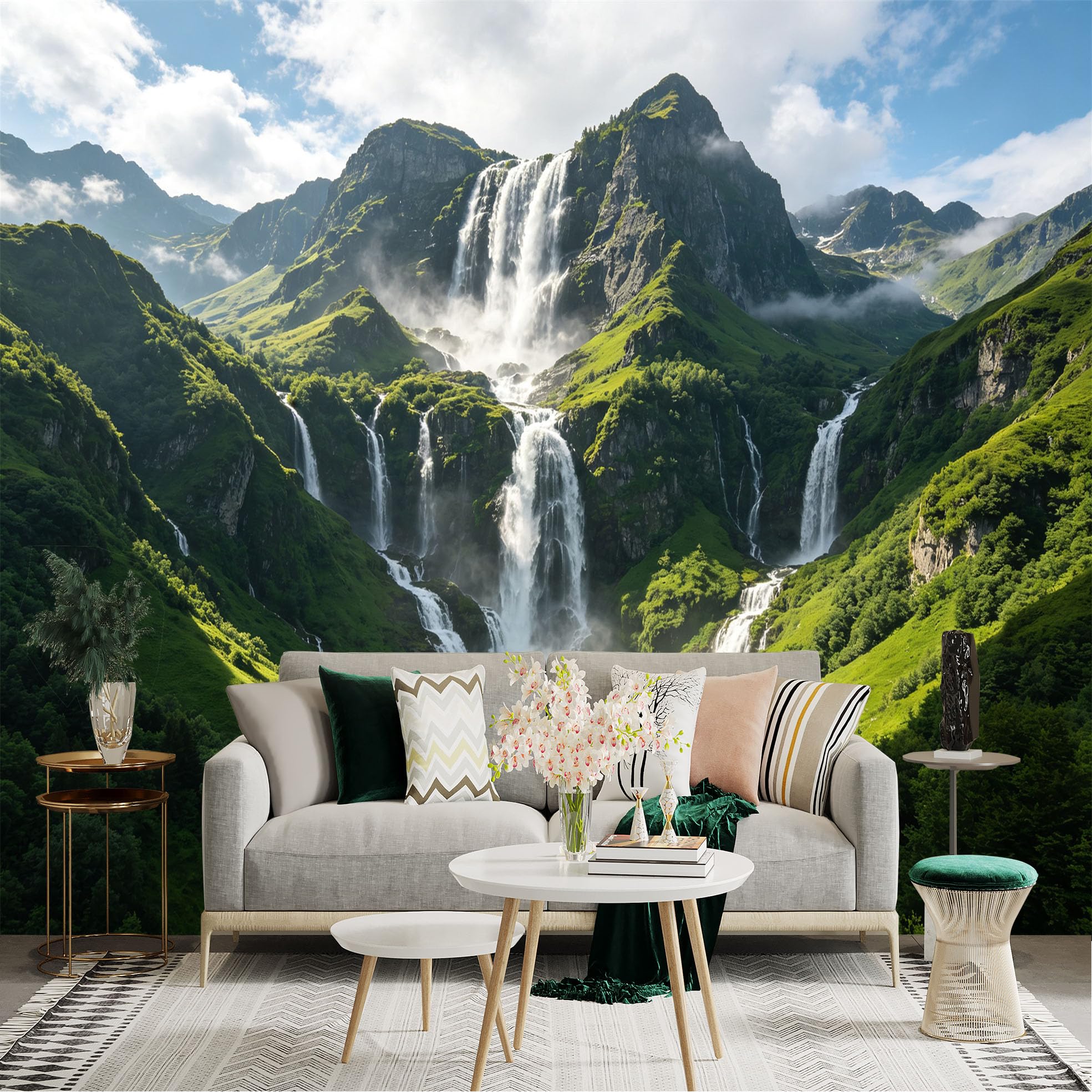 Custom Size Wall Sticker Mural， Majestic Waterfall in Lush Mountain Valley， Turquoise Alpine Lake， Scenic Natural Landscape， for wall Decoration， peelandstick wall Decals.