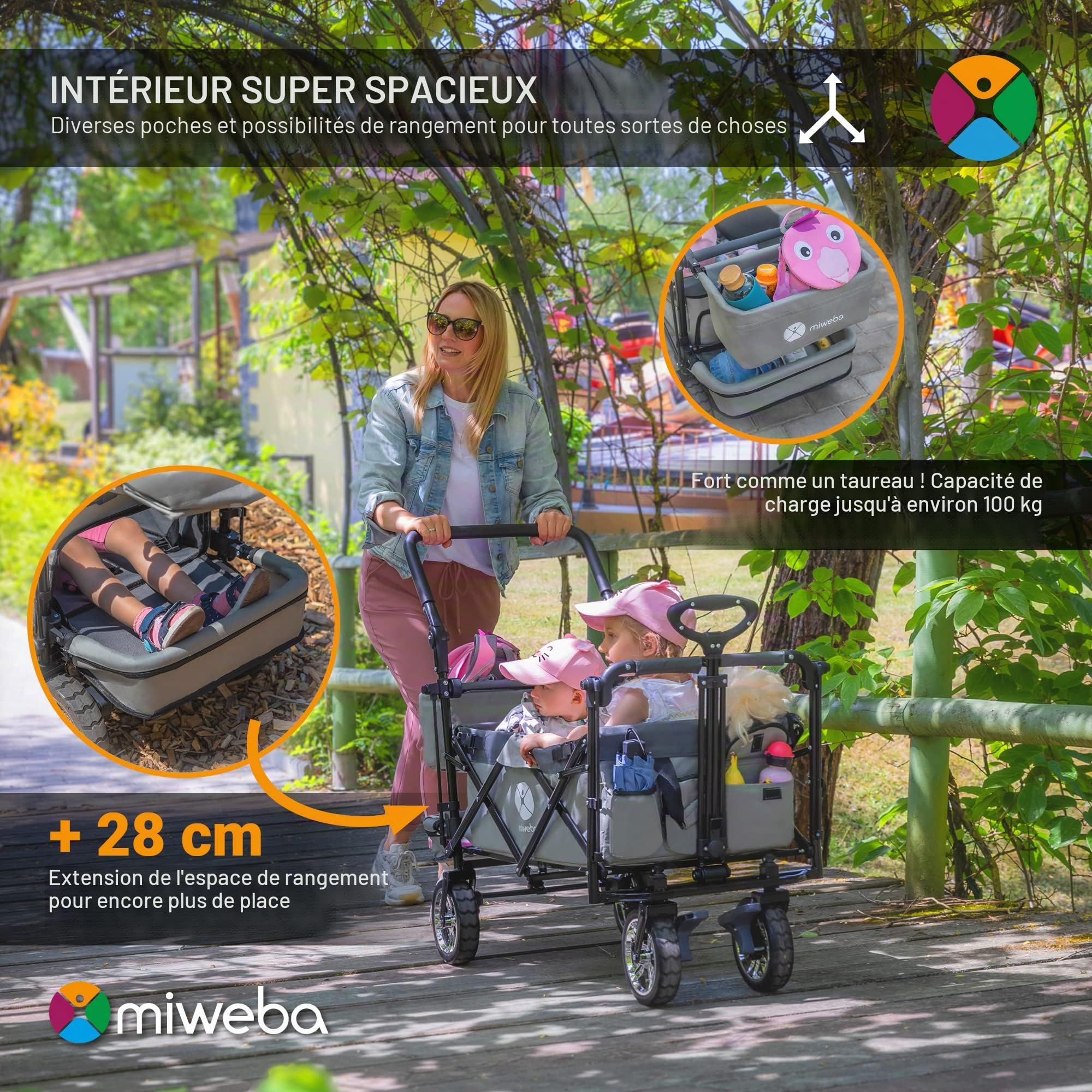 Miweba Chariot pour Enfants MB-20 - Chariot Pliable - Système de Harnais à 2X 3 Points - Frein de Stationnement - Roues en Caoutchouc Dur - Pare-Soleil avec Protection UV (LSF25)