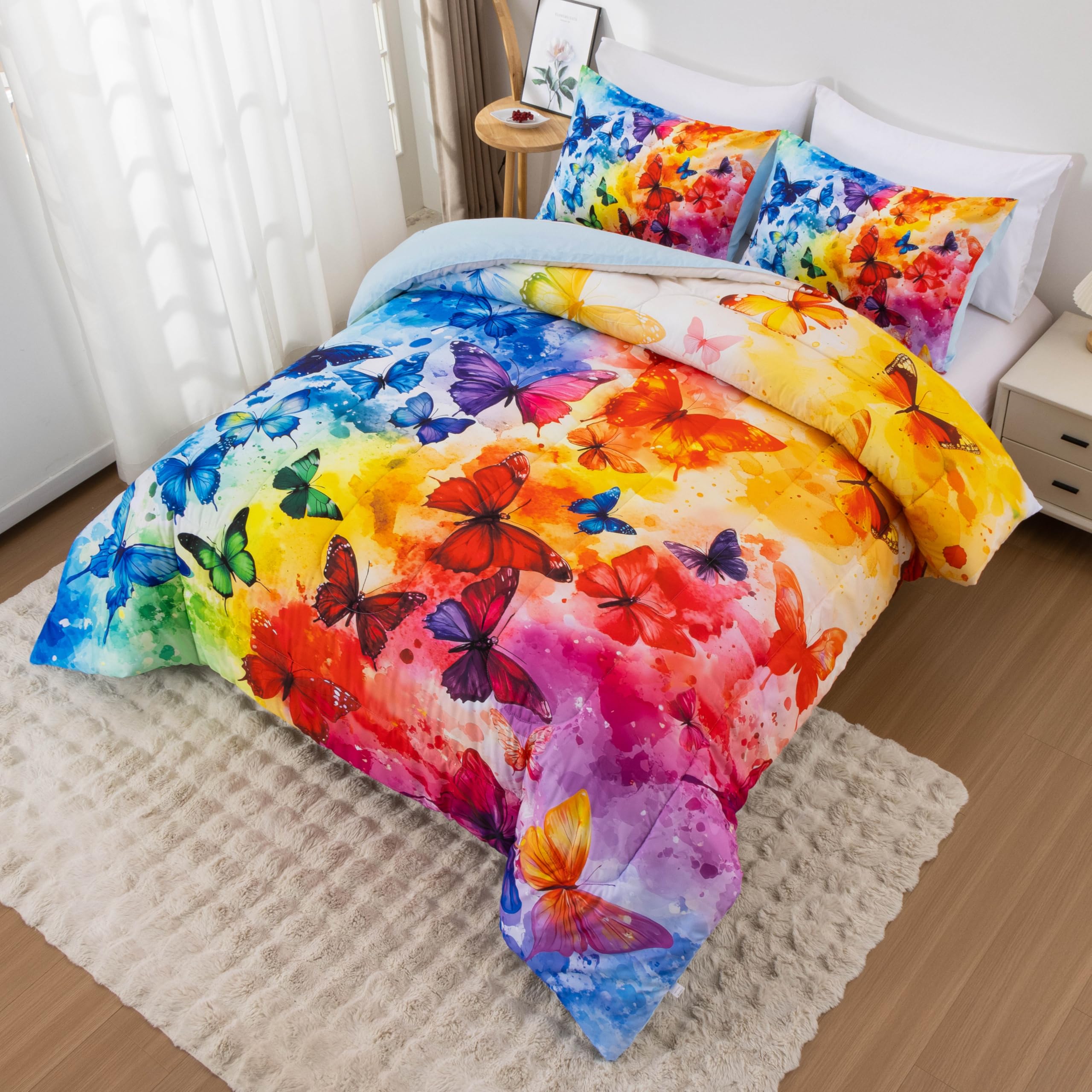 Btargot 3 Piece Butterfly Pattern Girls Comforter Set with 2 Pillow Covers, Colorful Gradient Printed Bedding Set for Women, Red Blue Queen