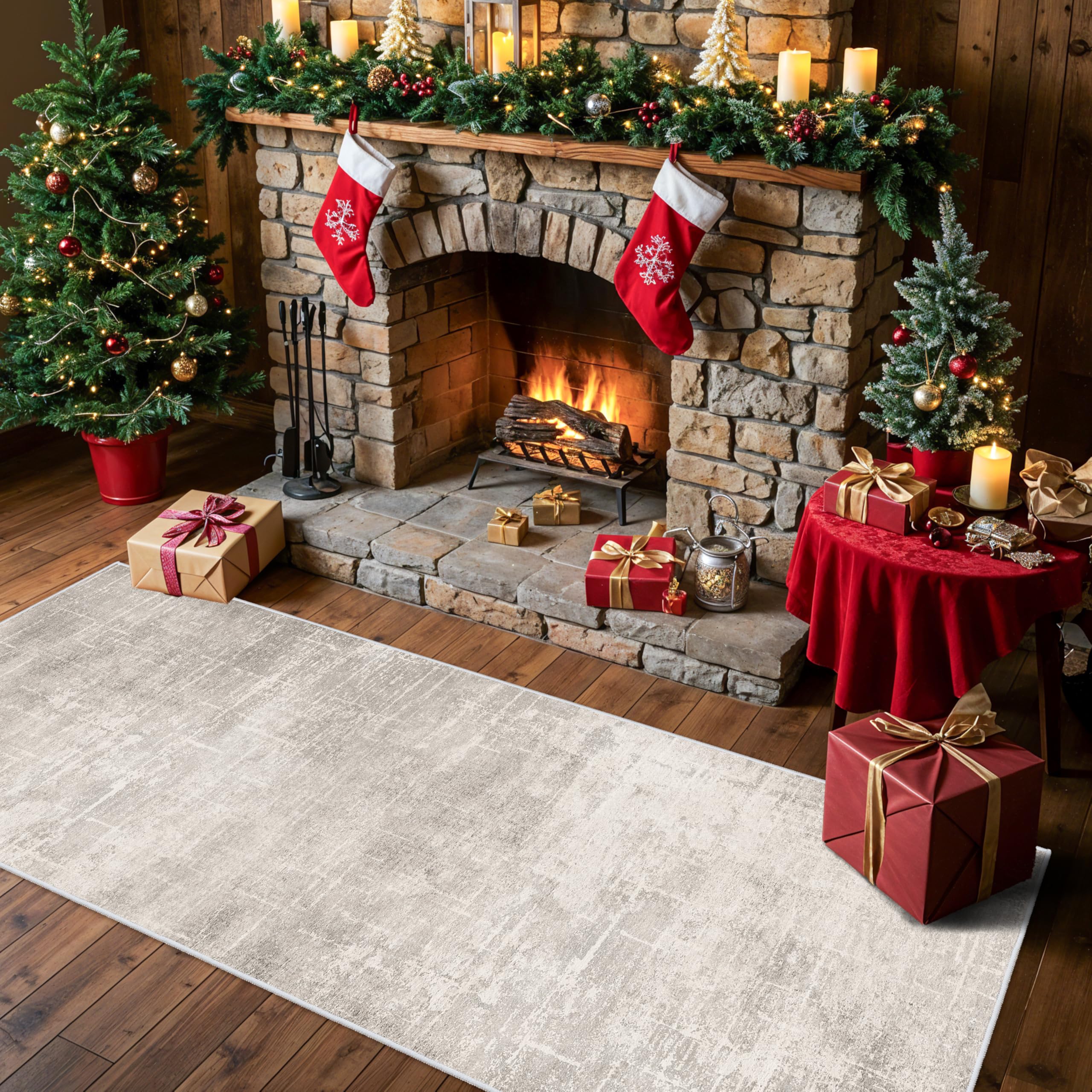 Washable 2x6 Hallway Runner Rug: Abstract Soft Entryway Doormat Water-Resistan Bathroom Kitchen Carpet with Non-Slip Backing Modern Living Room Bedroom Dining Room Decorative Carpet（2x6,Beige/Cream）