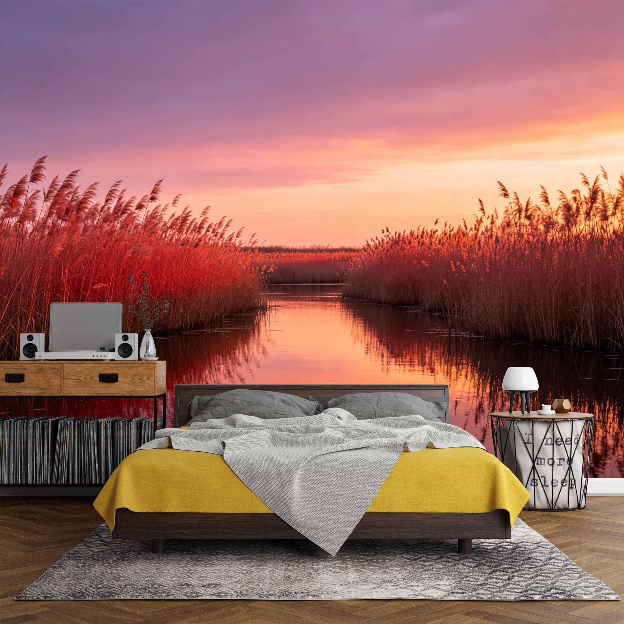 Custom Size Wall Mural， Landscape Sunset Reed Marsh River Reflection，SelfAdhesive Art Prints wall Fabric (No PVC) Removable Wallpaper Living Room Decor