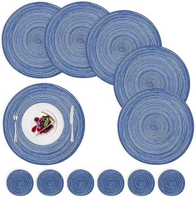 6Packs Round Placemats Cotton Heat Resistant Braided Placemats Anti-slip and Washable Table Placemats and Coaster Sets Indoor Outdoor Dinner Table,(6Placemats+6Coasters,Blue)