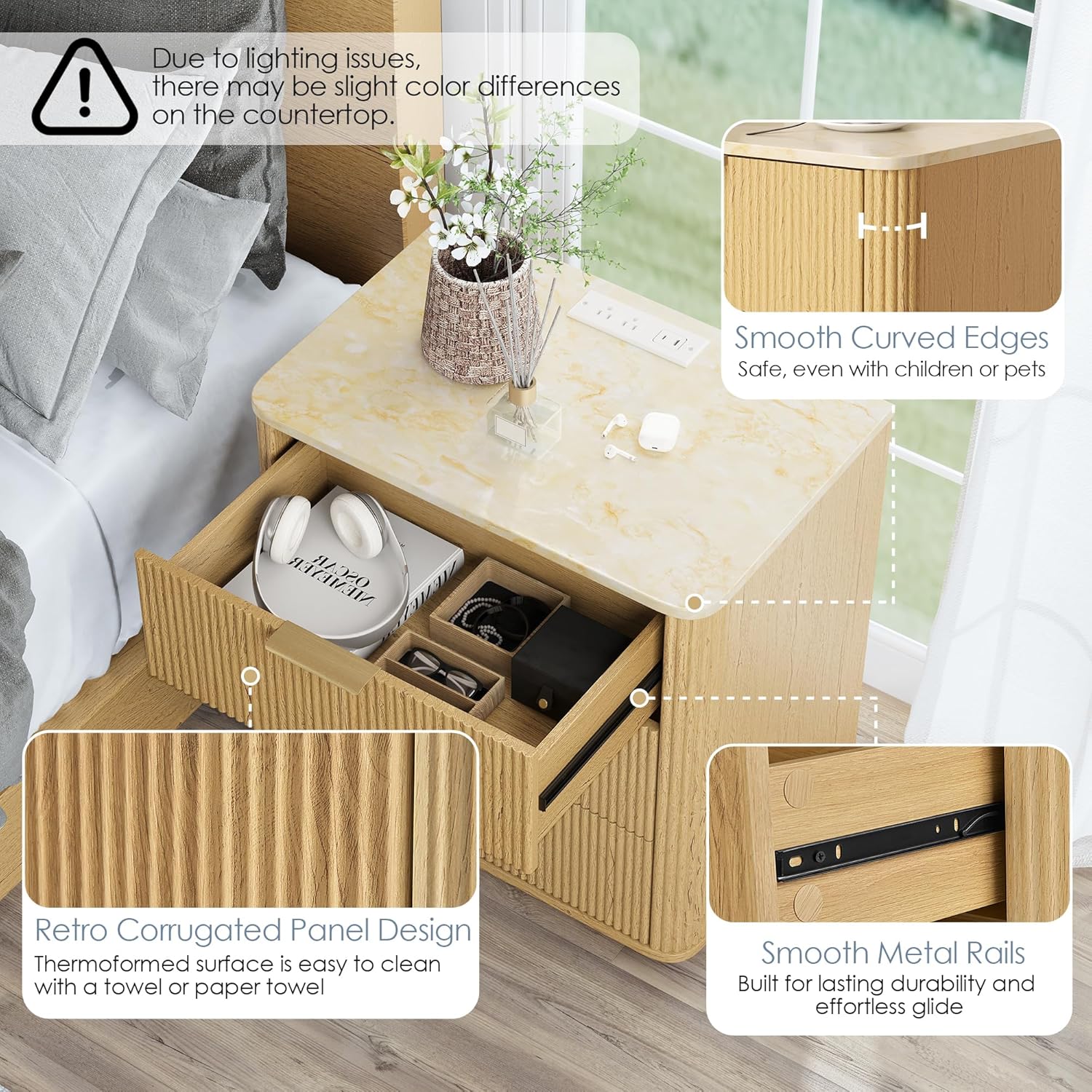 3 Drawers Fluted Nightstand with Charging Station, 23" Wide Waveform Fluted Bedside Table with Faux Marble Top, Mid Century Wood Modern Bedside End Table for Bedroom, Living Room, Natural Oak