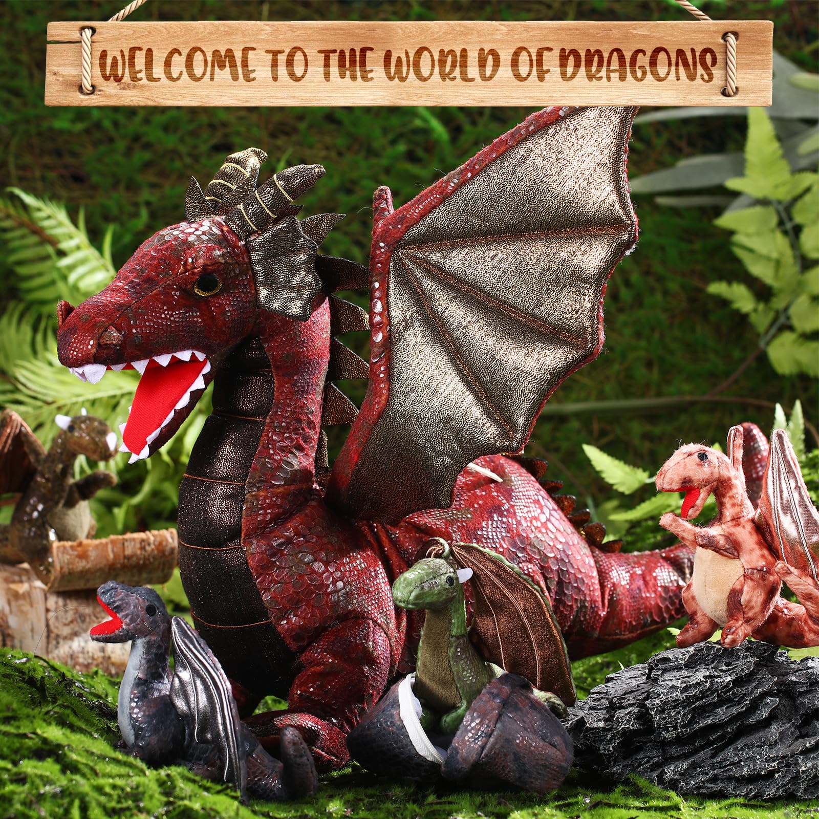 Set de 7 Juguetes de Dragón, Dragón de Peluche Grande de 40 cm con 4 Simpáticos Bebés de Peluche y 2 Huevos para Regalos de Cumpleaños de Adolescentes (Estilo Retro)
