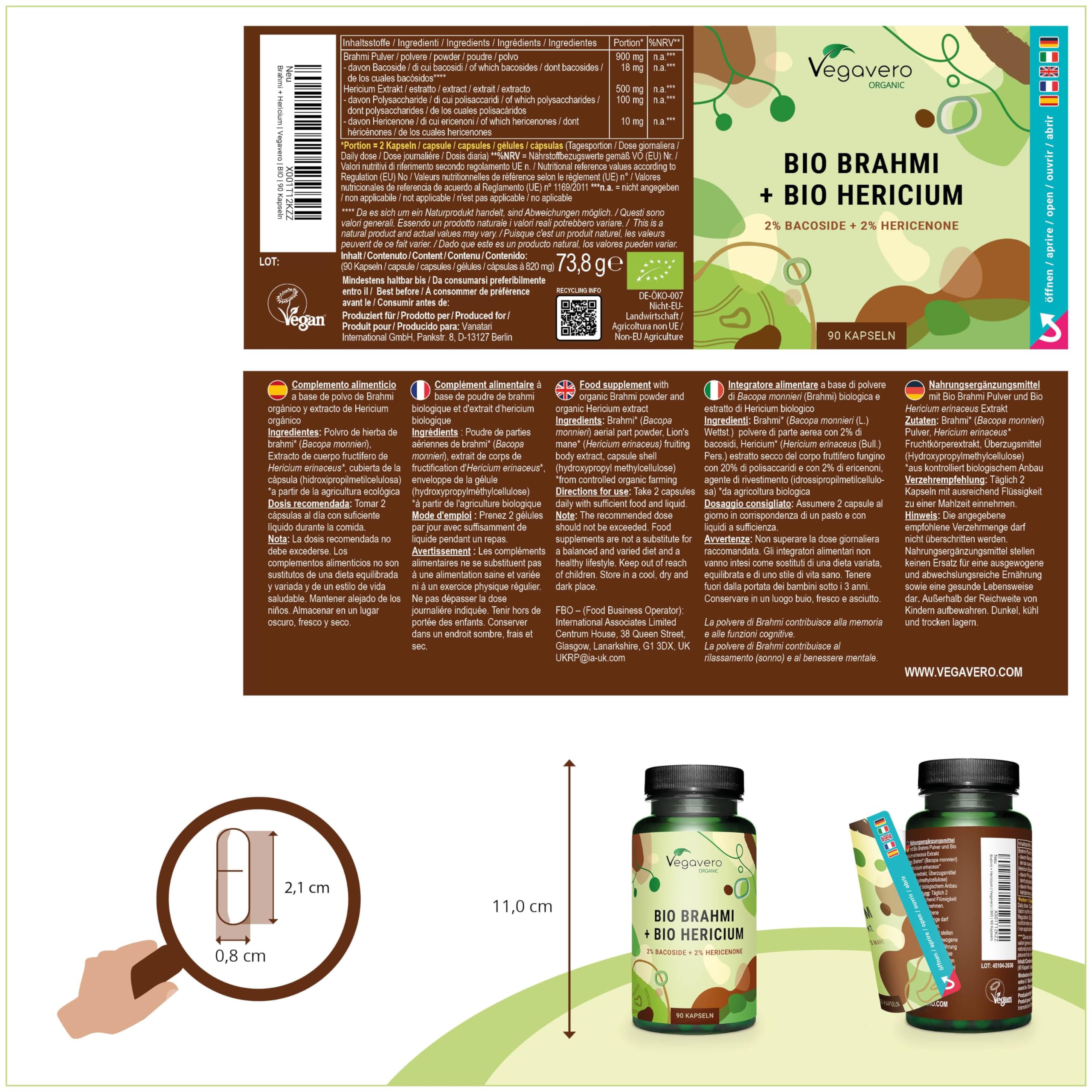 Hericium Erinaceus + Bacopa Monnieri BIO | Nootropique : Mémoire, Concentration | 10000 mg Lions Mane (20:1) + 900 mg Brahmi | Combinaison Unique | VEGAN | 90 Gélules | Vegavero®