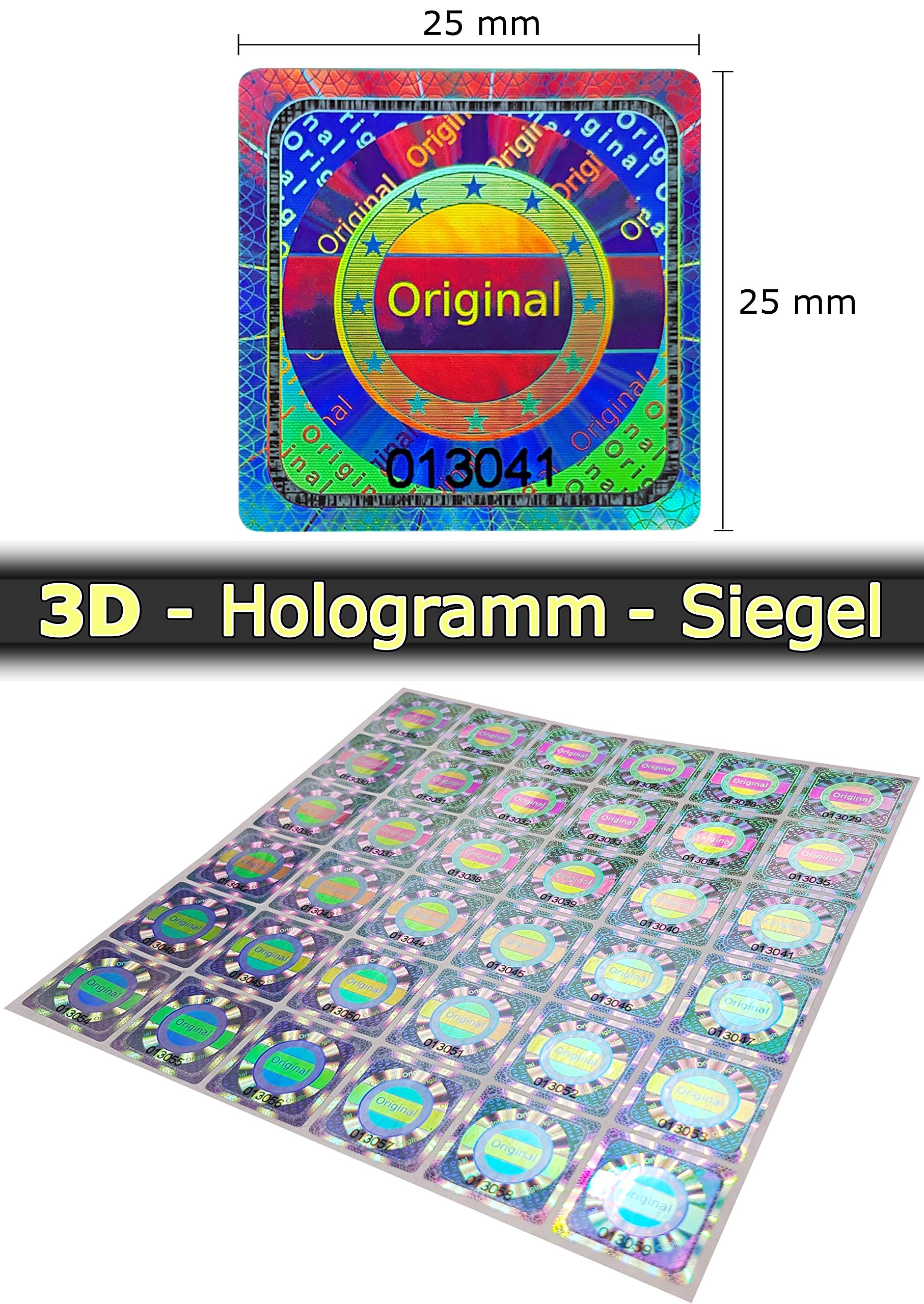 500 Stk - 3D Hologramm Original-Siegel mit Seriennummer - 25mm silber glänzend - Sicherheitssiegel, Qualitätssiegel Garantiesiegel Sicherheitsetiketten selbstklebendes Etikett Verschlusssiegel