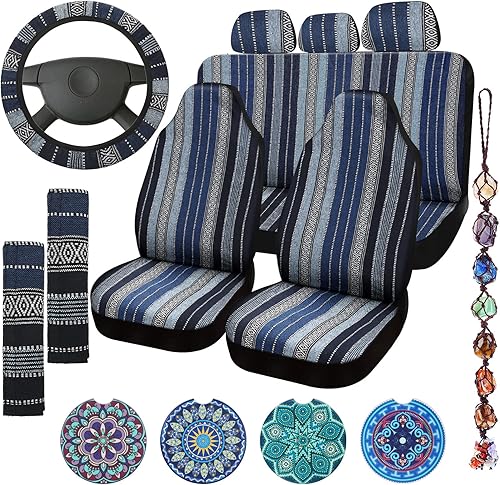 Frienda Juego completo de 14 fundas de asiento de automóvil Baja azul con estampado bohemio, multicolor, a rayas, fundas de asiento de automóvil,