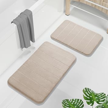 Yimobra Memory Foam Bathroom Rugs Sets 2 Piece - Super Soft Absorbent Quick Dry Bath Mat Set, Machine Washable Non Slip Floor Carpet for Tub Shower & Single Sink 17x24 & 31.5x20 Inch, Beige
