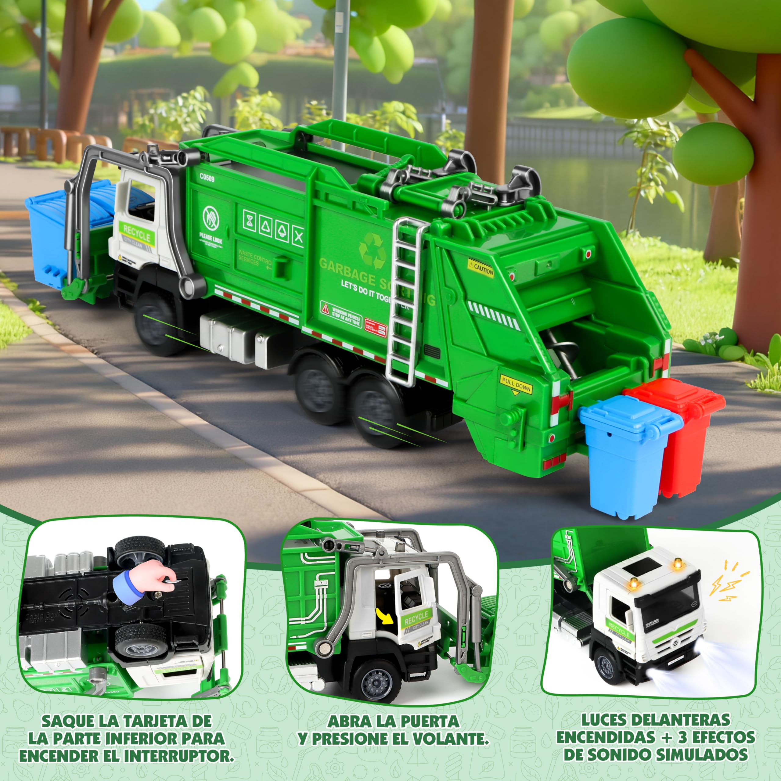 Charmofun Camión de Basura Juguete, Camión Basura con 6 Botes de Basura, 180 Tarjetas, Luces y Sonidos, Camiones de Basura de Fricción Regalo para 3+ Años Niño Niña