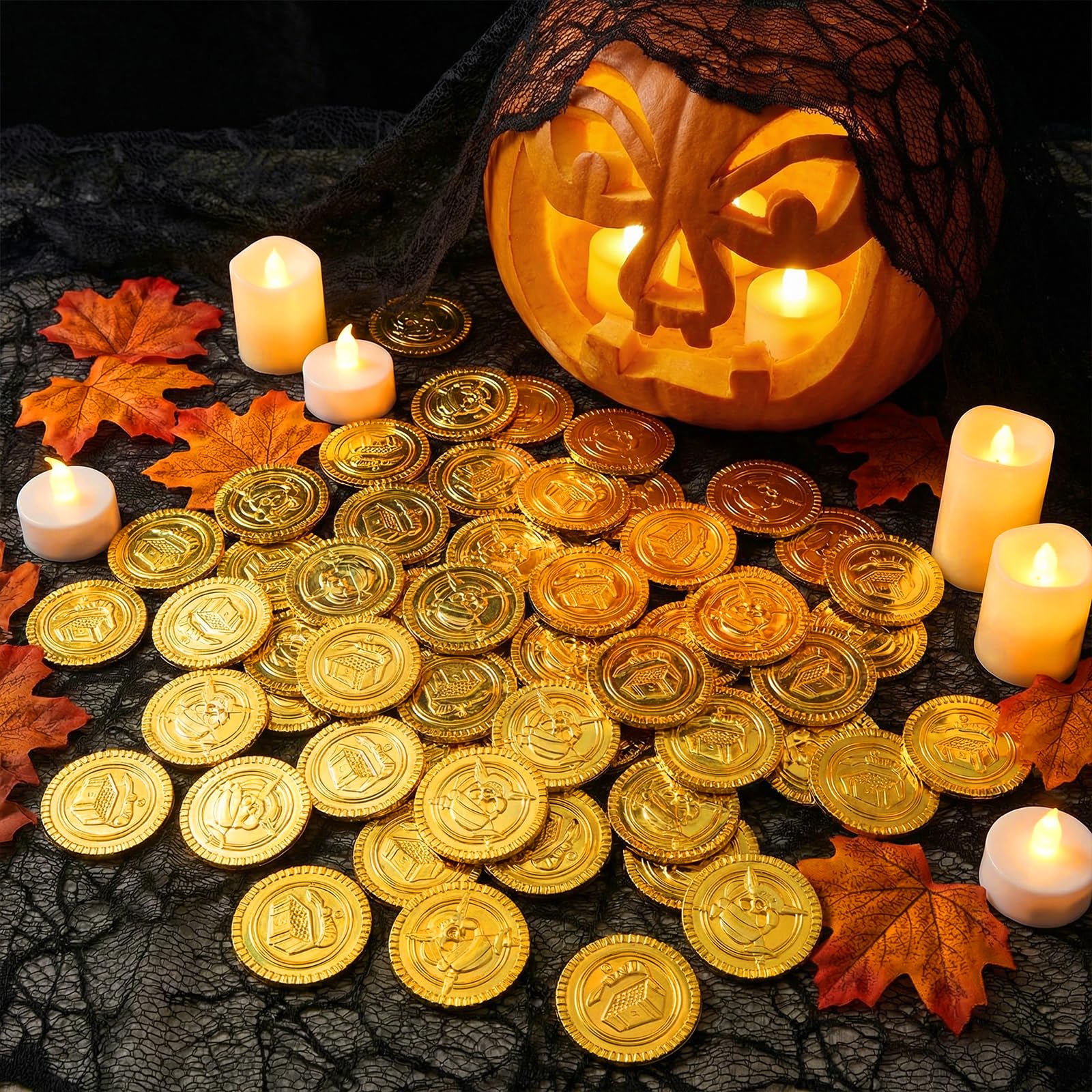 100 Piezas Piratas Monedas Juguete plástico Set | con Caja Transparente | Búsqueda del Tesoro Monedas de Oro, | Ideal para Decorar Fiestas de cumpleaños, sorteos de la Suerte, etc.