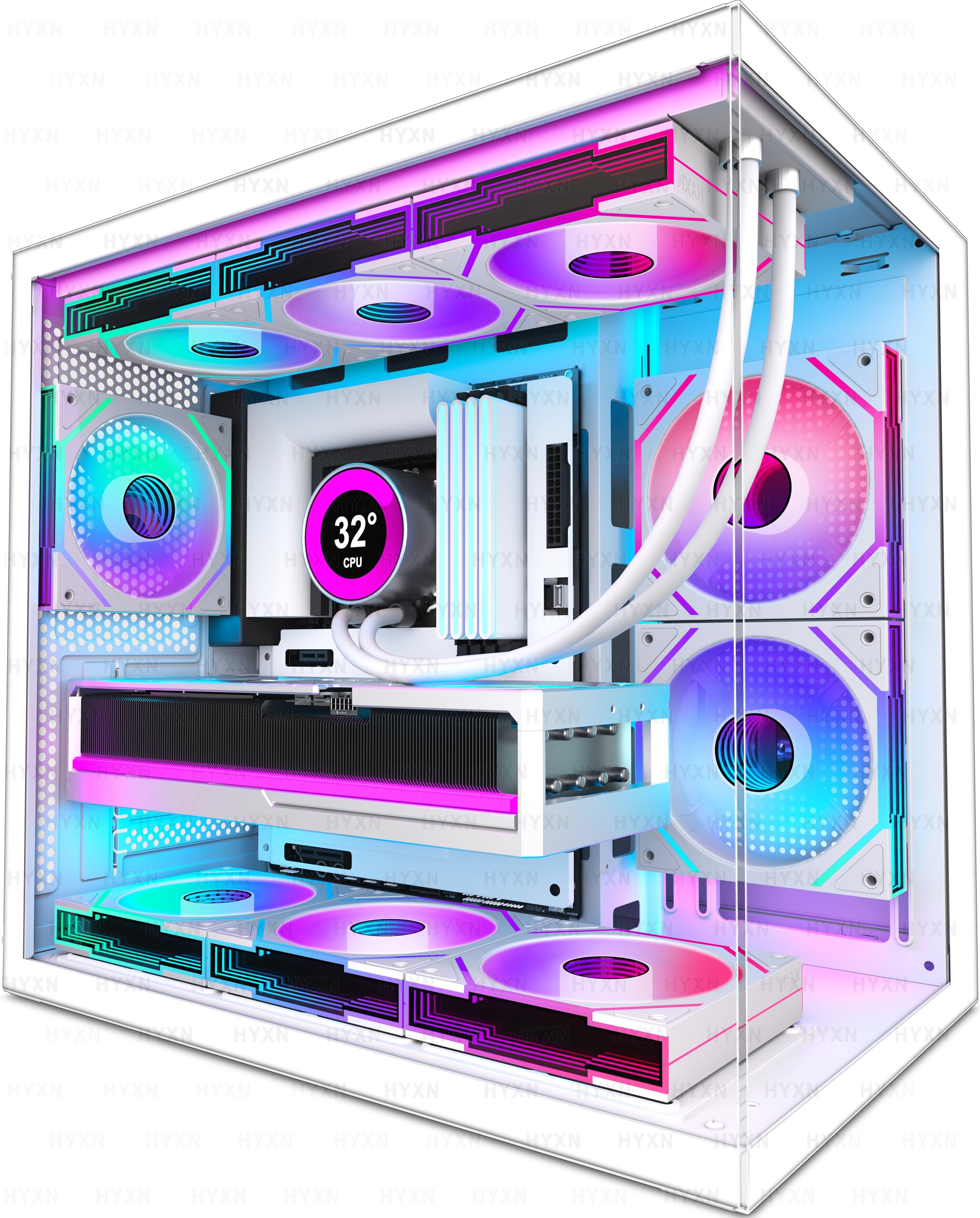HYXN H3(2026) PC Gehäuse ATX –Vorinstalliert 6 Infinity Mirror PWM ARGB-Lüftern, Kompakter ATX Dual Kammer Mid Tower Gaming PC Gehäuse, 360MM Rad Unterstützung,mit Type-C 3.2 (Weiß)