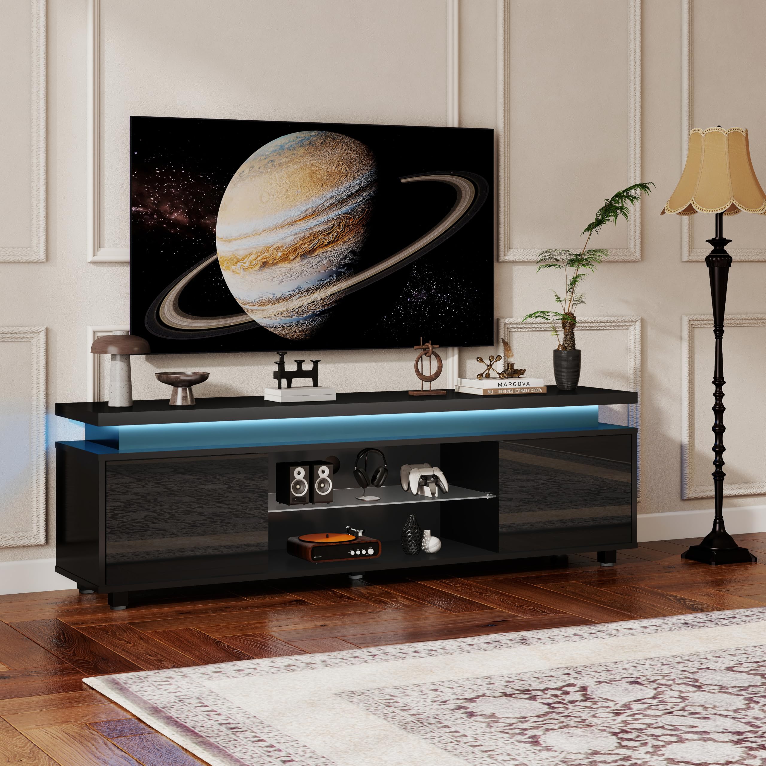 Black High Gloss Door TV Cabinet with LED Lights for up to 65 Inch TVs