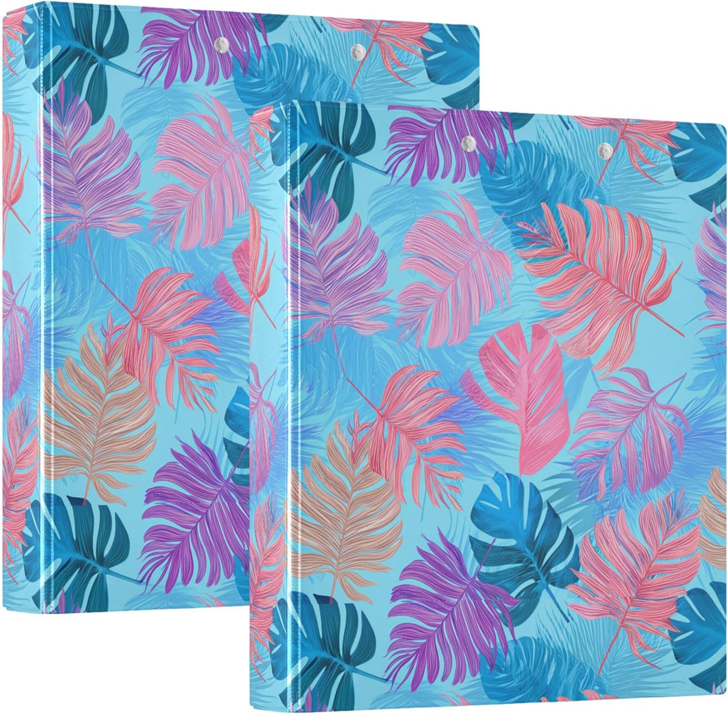 Colorful Tropical Leaves 3 Ring Binders, 1.5” Round Ring Binders with Clipboard - Letter Size, 3 Interior PVC Clear Pockets & Anti-Slip Clip for Office School Supplies, 2PCS
