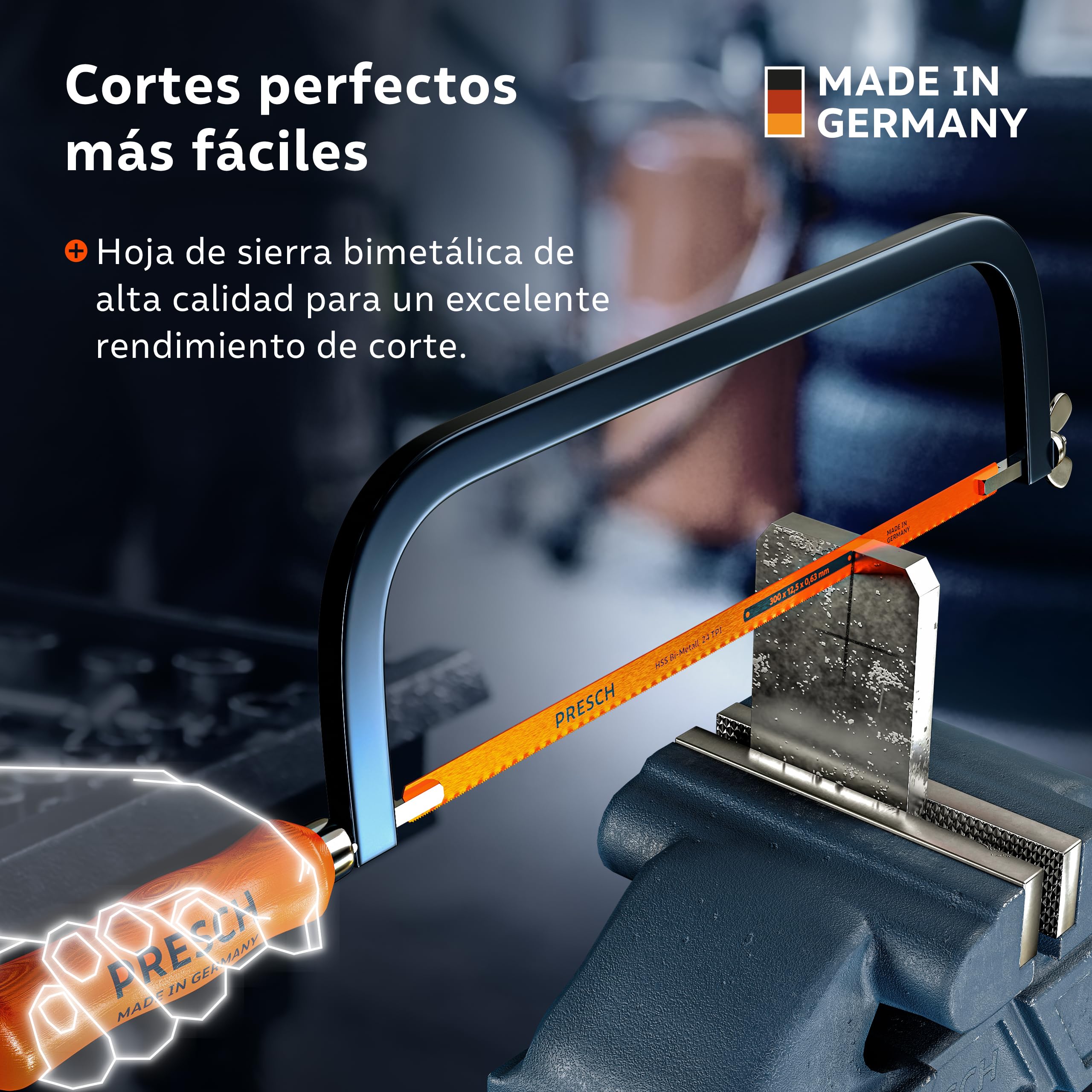 Presch Sierra de metal 300mm - Con hoja BI-metal para un corte preciso - Rotación de 90° de la hoja de sierra para cortes horizontales y verticales - Cambio rápido de las hojas