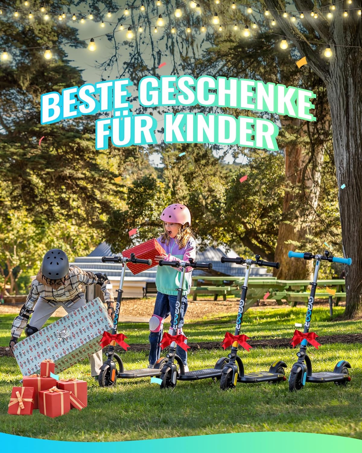 The Gyroor H40 electric scooter with its colorful LED lights illuminated under the deck, creating a vibrant glow.