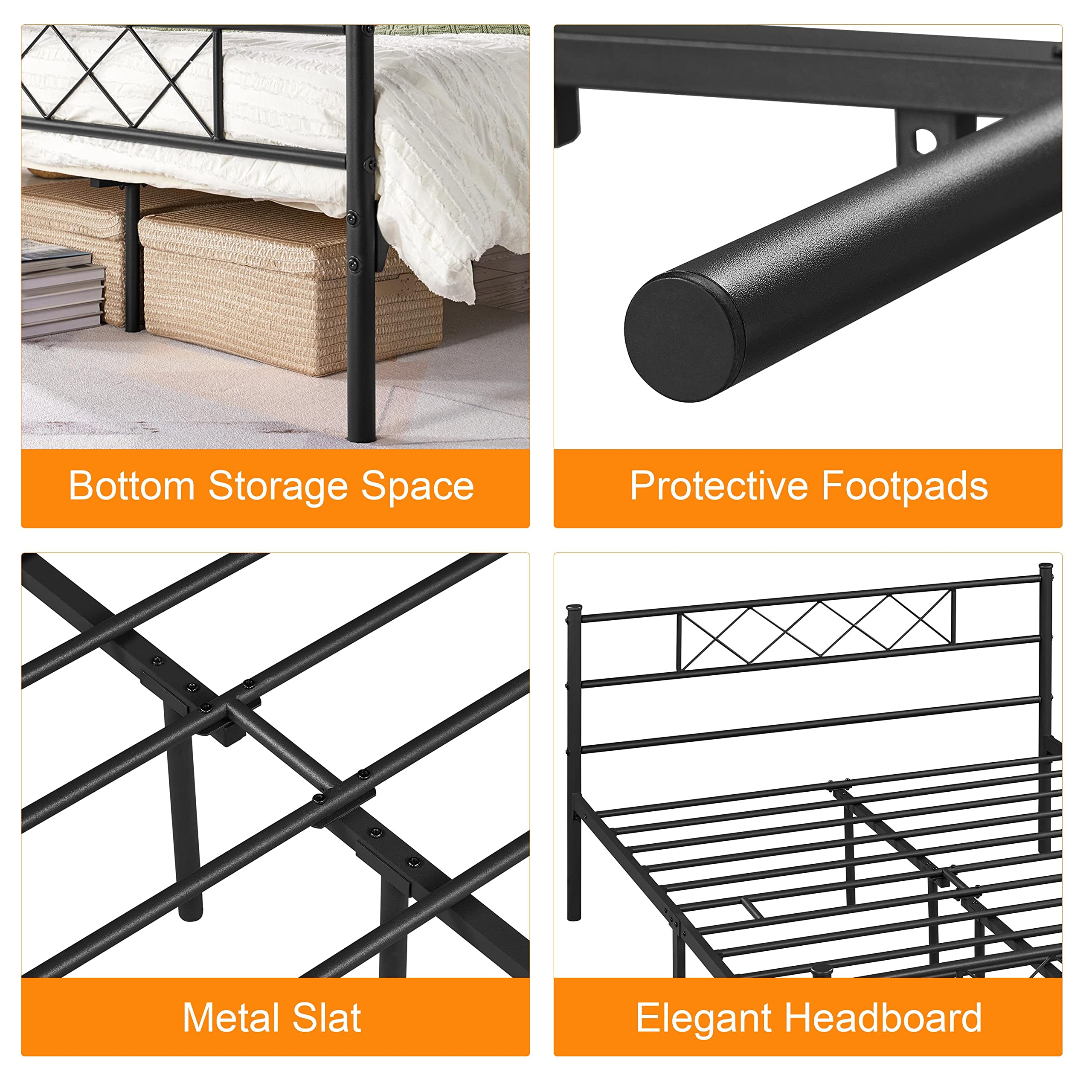 Yaheetech Modern Metallbett 140x200 cm Bettgestelle mit Lattenrost, Doppelbett/Einzelbett, Bettrahmen mit Kopfteil, Gästebett Jugendbett für Schlafzimmer Gästezimmer Schwarz