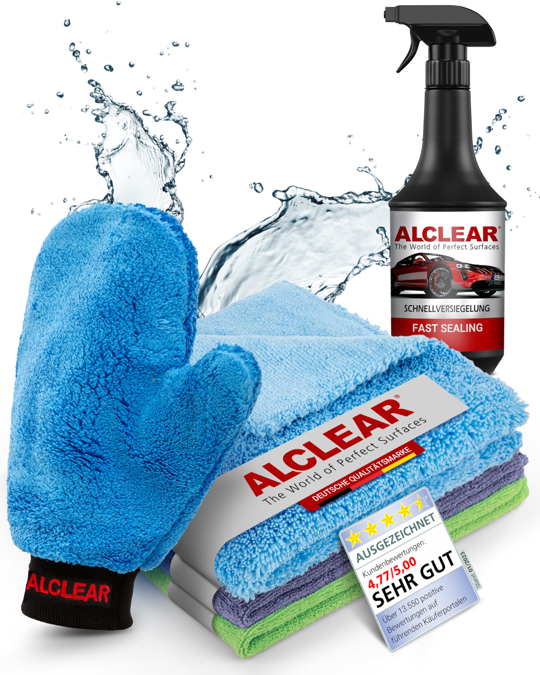 ALCLEAR 8201050 Autopflegeset 6 teilig mit 1 L Lackversiegelung fürs Auto | 6-teiliges Set, 1 L Schnellversiegelung ohne Silikon, Polier- und Cockpittuch, Felgenhandschuh, Trockentuch, Innenraum