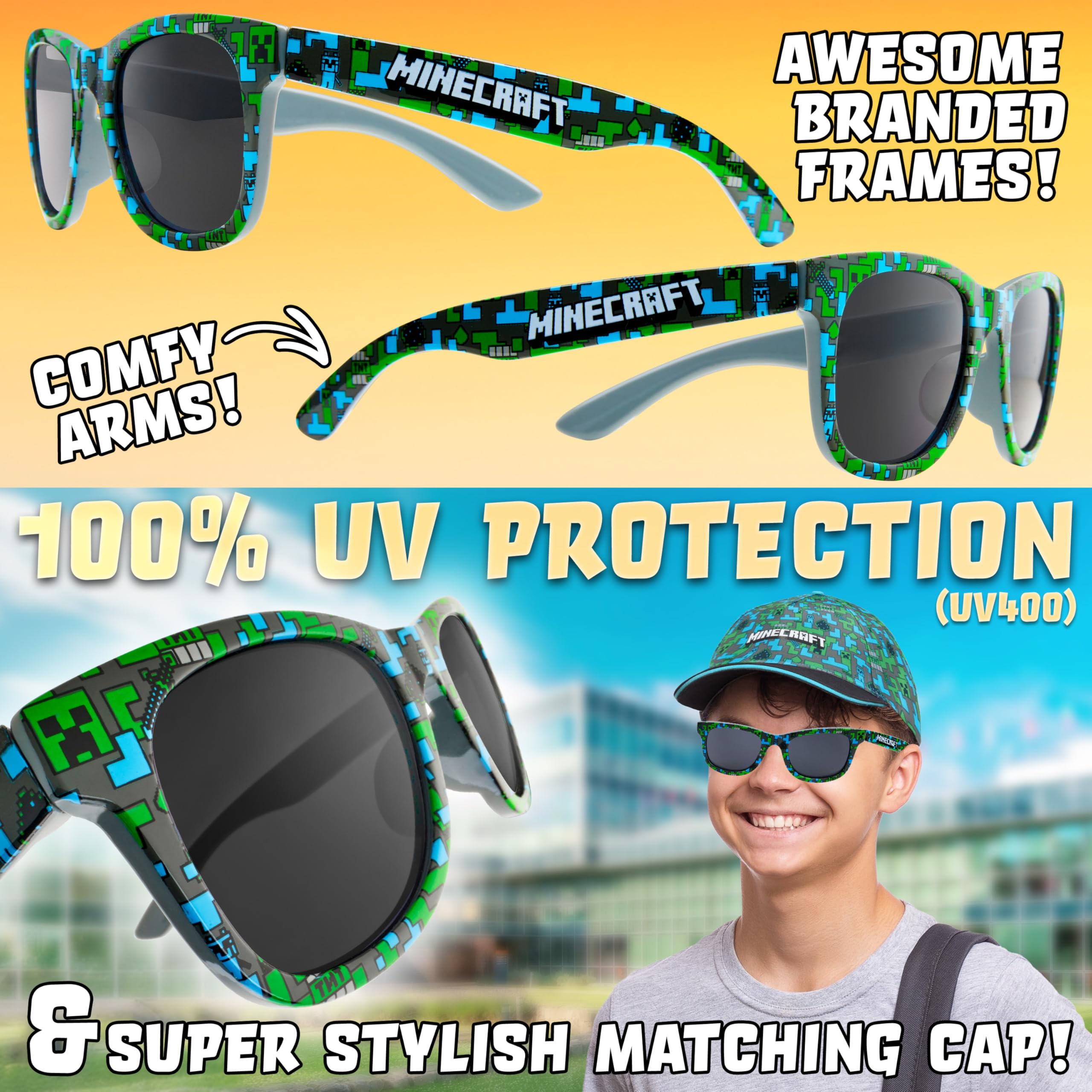 Pokemon | Minecraft | Super Mario | Fortnite Gorra Niño con Gafas de Sol Niño UV400 Set, Gorra Infantil, Accesorios de Verano, Regalos Niños