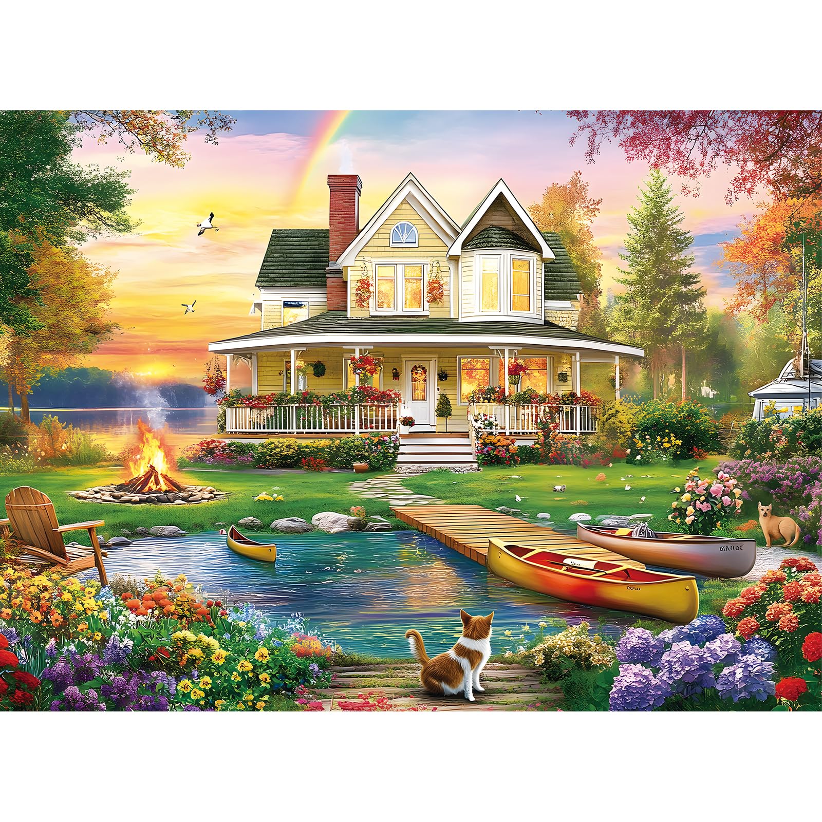 300 Piece Puzzle for Adults, Large Piece Elderly Jigsaw Puzzle, Lakeside Villa with Cat and Garden, Family Kids and Adults Fun Gift, 20.5x15 in