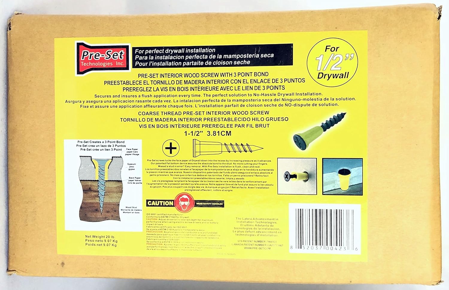 Pre-Set Drywall Screw #6 X 1-1/2In Length, 20Lb Box, Yellow PRE112CY20