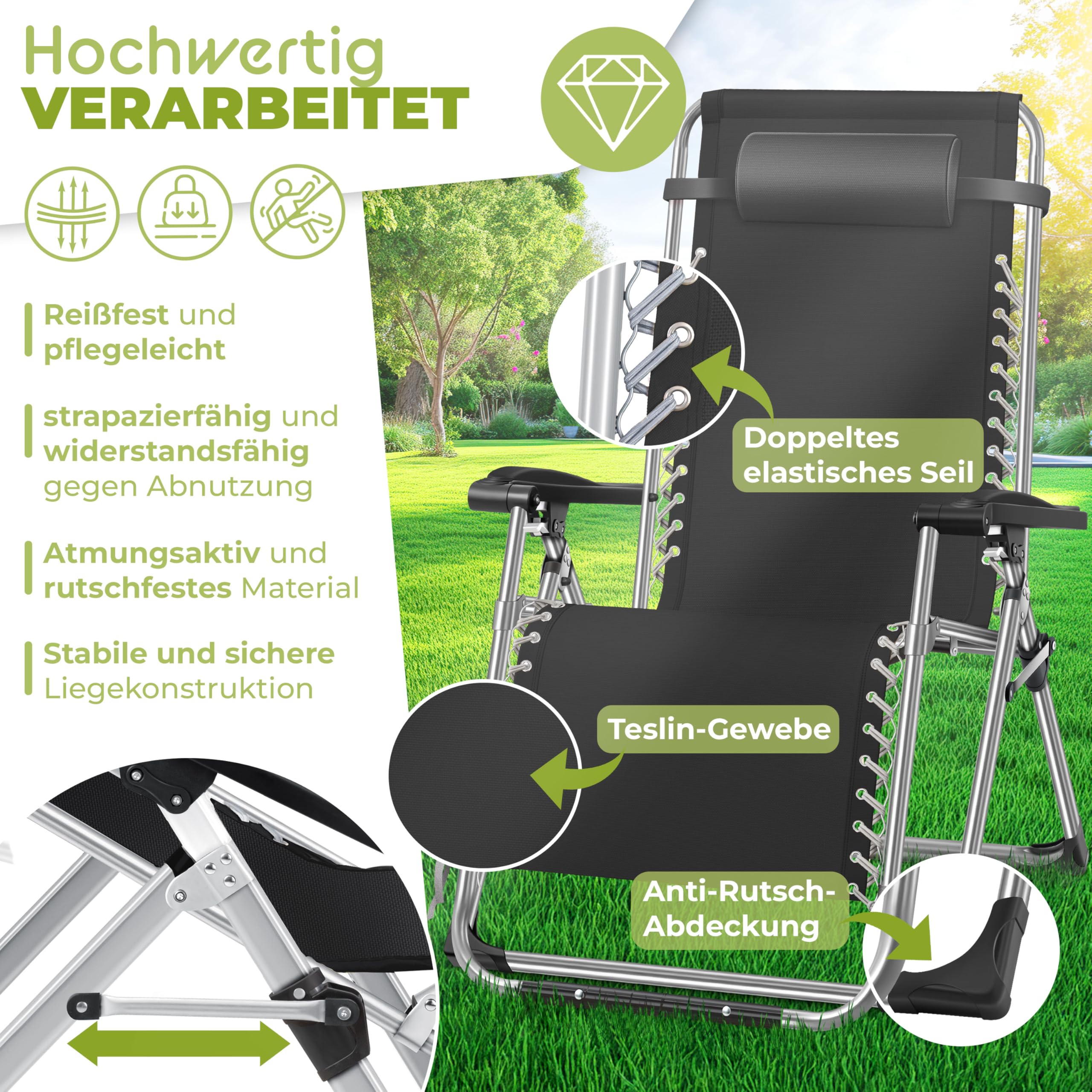 KESSER® Tumbona Plegable y Resistente | Silla de Jardín, Capacidad de 200 kg, Acolchado Ergonómico Extra Ancho, Respaldo Ajustable, Almohada para el Cuello y Portavasos