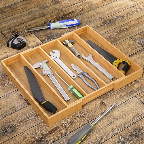 Miniatura 2 de Organizador de cajones de cocina expandible, organizador de cubiertos de bambú, bandeja de cubiertos ajustable para utensilios (16.92 x 13.30 22.83