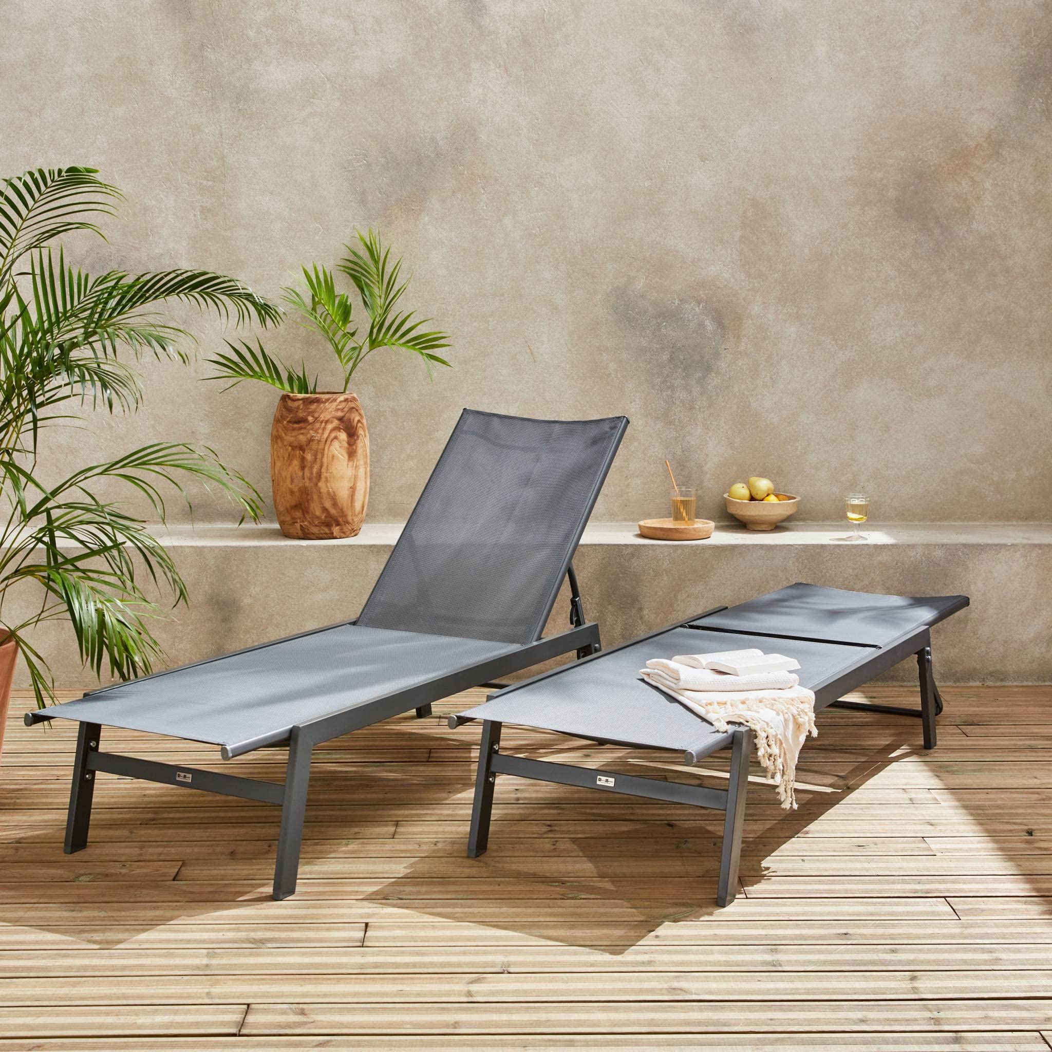 Alice's Garden sweeek - Lot de 2 transats Anthracite. 5 Positions. en textilène et métal. Flora. L155 x P59 x H106cm