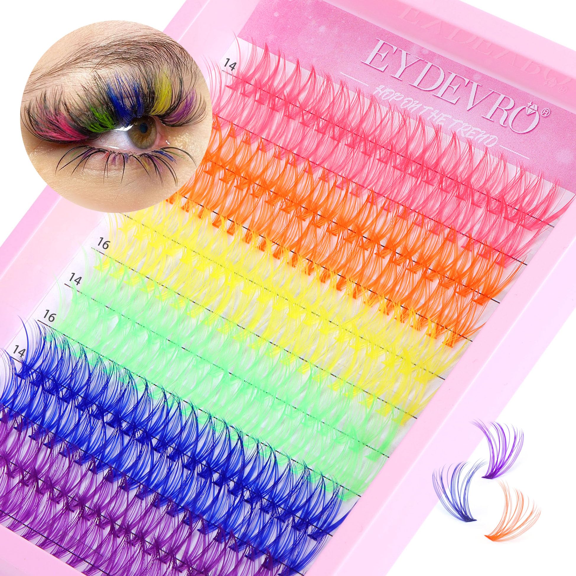 Colored Lash Clusters, Colored Individual Lashes 6 Colors Eyelash Extensions Rainbow Cluster Lashes 14/16mm D Curl Colored DIY Lash Extension at Home by EYDEVRO