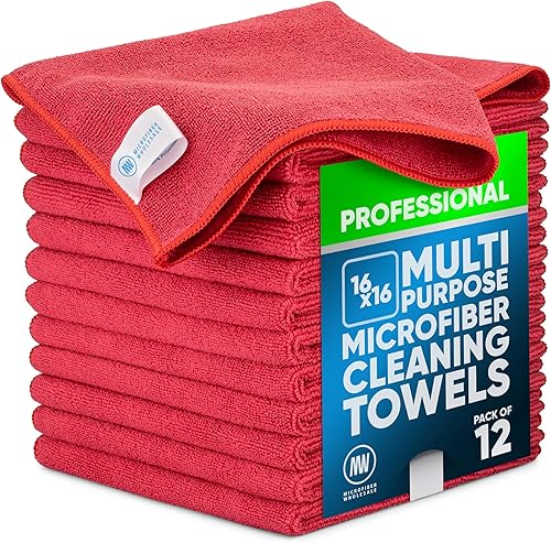 MW Pro Paño de limpieza de microfibra Rojo (Paquete de 12) Tamaño 16" x 16" Toallas de microfibra multiusos - Limpia, quita el polvo, pule,