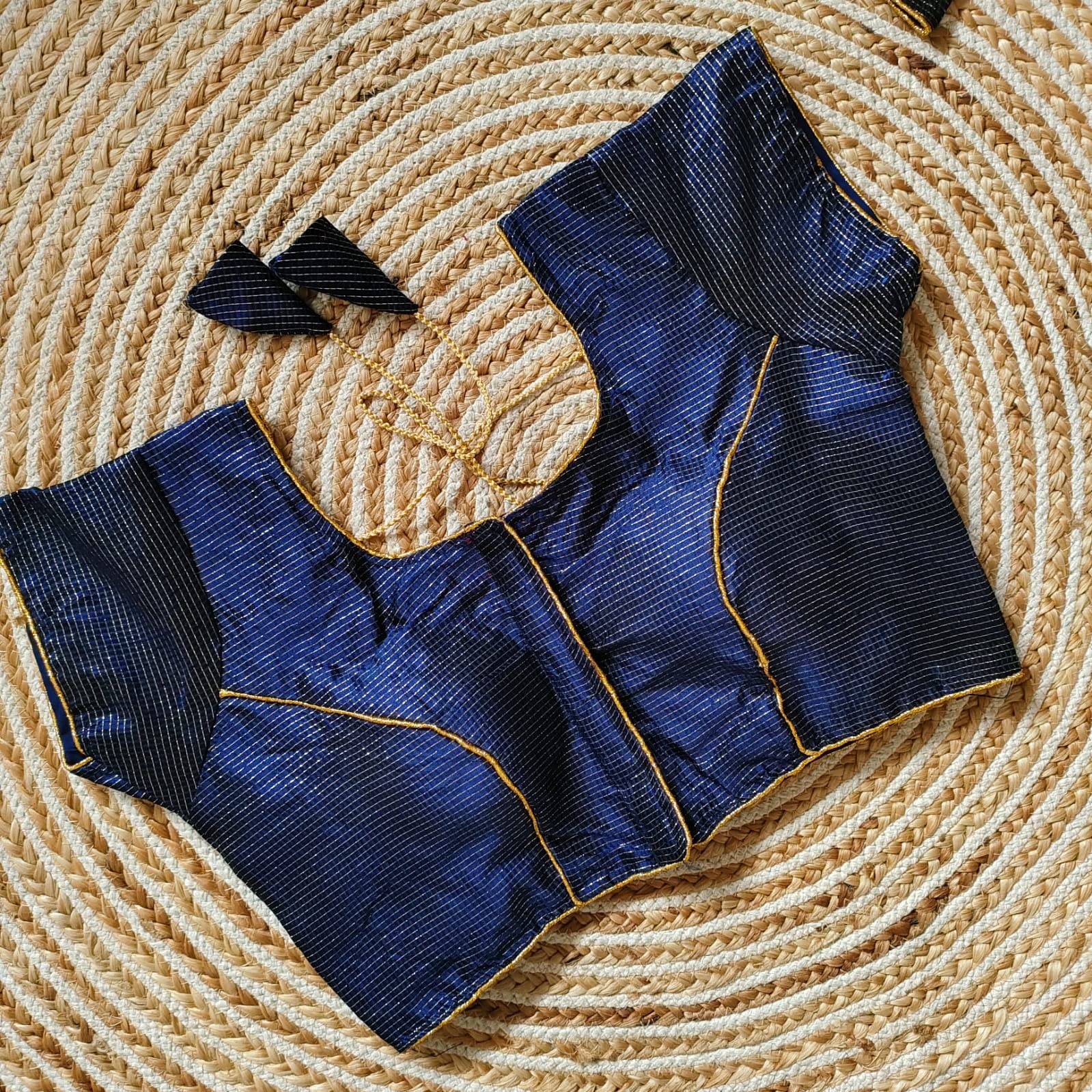 Pujia Mills Banarasi Regular Short Sleeve Simple Blouse (Chanderi Navy Blue 38)