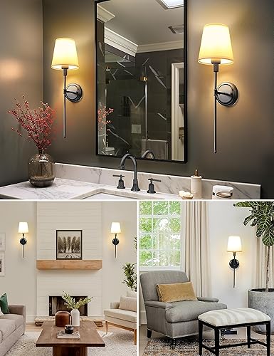 Miniatura 4 de DORESshop Juego de 2 apliques de pared, lámparas de pared industriales retro, lámpara de tocador de baño con pantalla de tela, lámpara de pared para