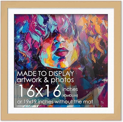 Marco de madera natural de 16x16 con paspartú blanco  Marco de 19x19 con paspartú para 16x16  Muestra tu impresión bajo protector frontal de