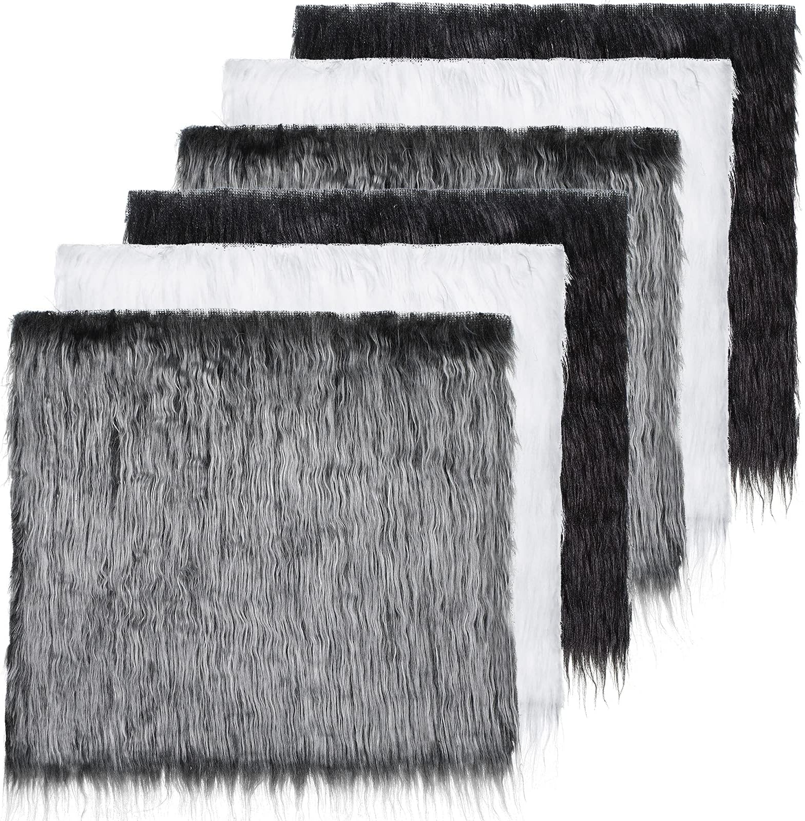 Frienda 6 Pcs Faux Fur Fabric 10 x 10 Inch Fluffy Faux Fur Fabric Patches for Cosplay Events, Festival Costumes & DIY Craft Sewing Projects(Black, White, Gray)