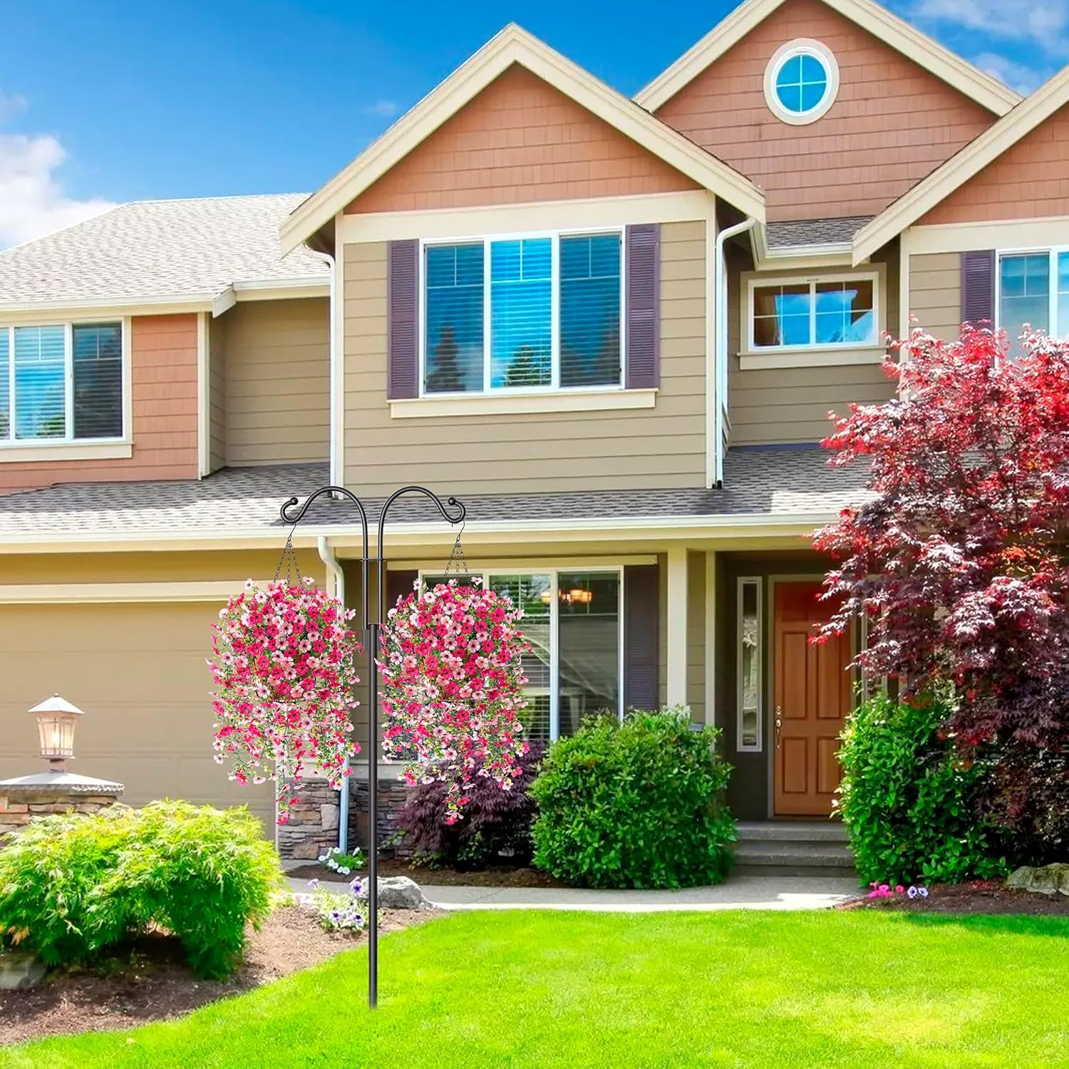 Artificial Faux Hanging Flower Plants with Basket Outdoor Spring Decoration, Fake Silk Flowers Daisy Planter Eucalyptus Realistic UV Resistant for Outside Garden Porch Patio Yard Home Decor(Rose Pink) - Image 4