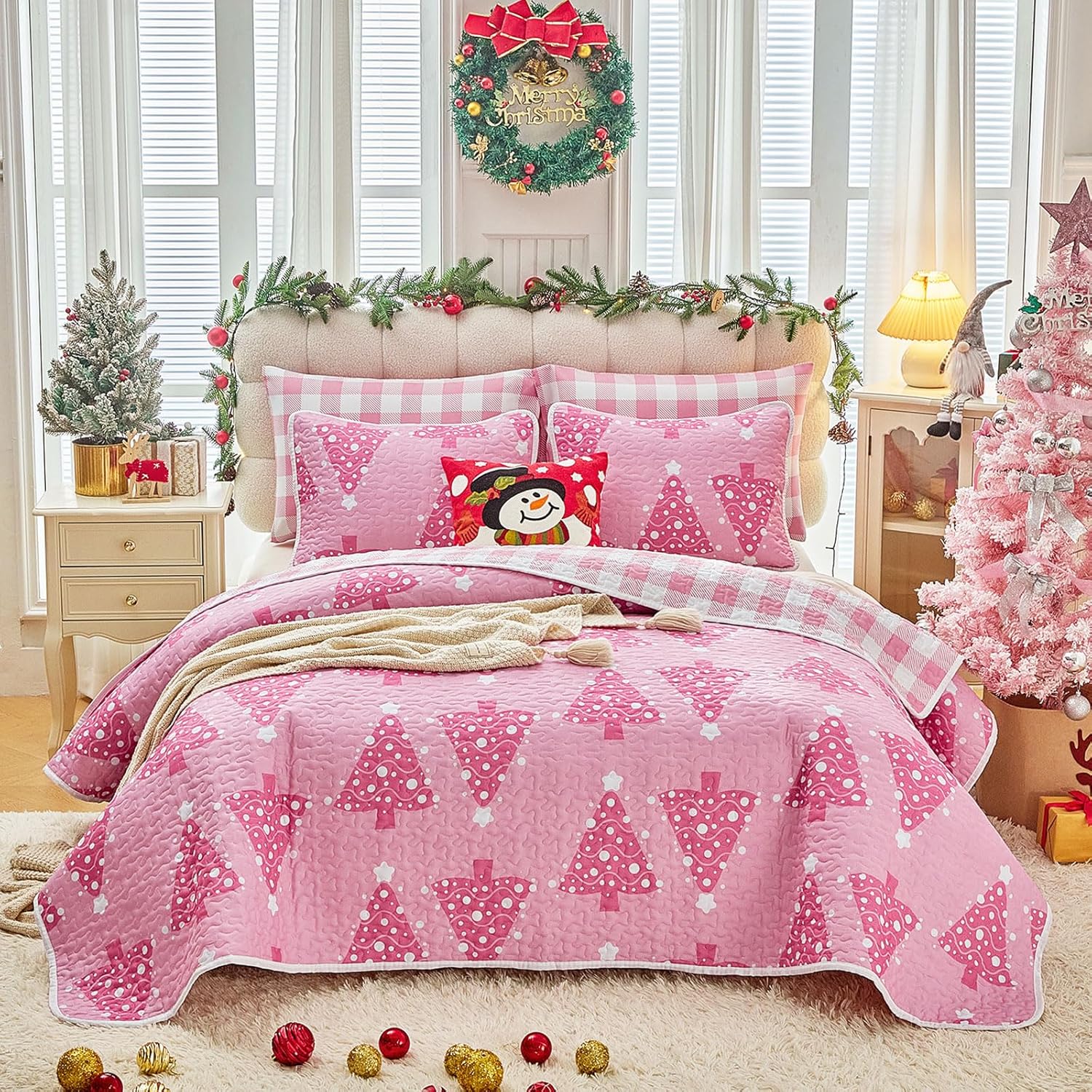 Joyreap 3pcs Christmas Quilt Set Queen, Xmas Tree Pink Design for Girls, Soft Microfiber Bedspread Coverlet for All Season- 88x88 inches