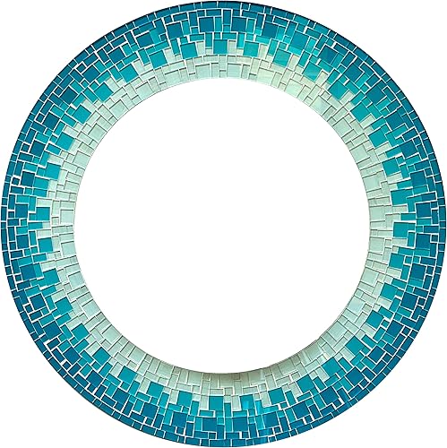 Mosaic Mirror - Arte de pared hecho a mano, mosaico azul mar, turquesa y blanco, marco de 24 pies, redondo de 16 pies
