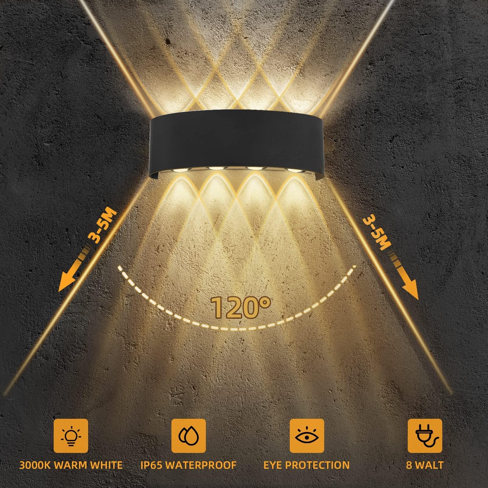 Lureshine 2 Stück Wandleuchte Innen, 22x8x5cm Up an Down Wandlampe, Aluminium-Druckguss Aussen 8w Schwarz IP 65 LED 3000K Warmweiß, für Wohnzimmer Schlafzimmer, Flur, Balkon, Treppenhaus