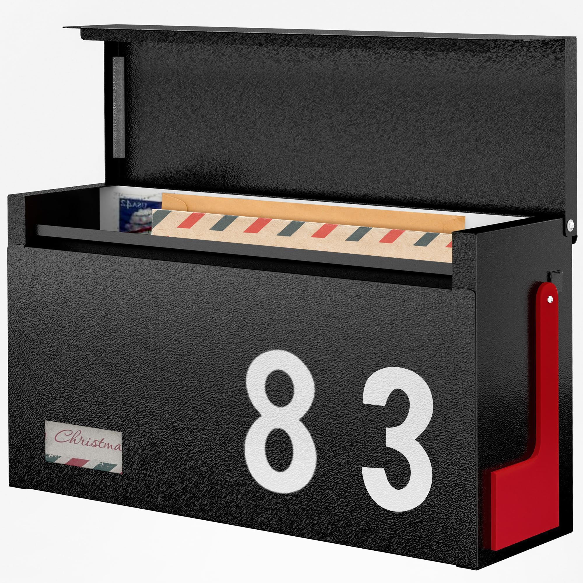 Modern Mailboxes for Outside, Metal Wall Mount Mailbox, with One Flag Kit and Three Sets of Mailbox Number Stickers, 3.9" D×13" W×7.1" H, Rust Resistant Coating Mail Boxes for House, Black AMB06B